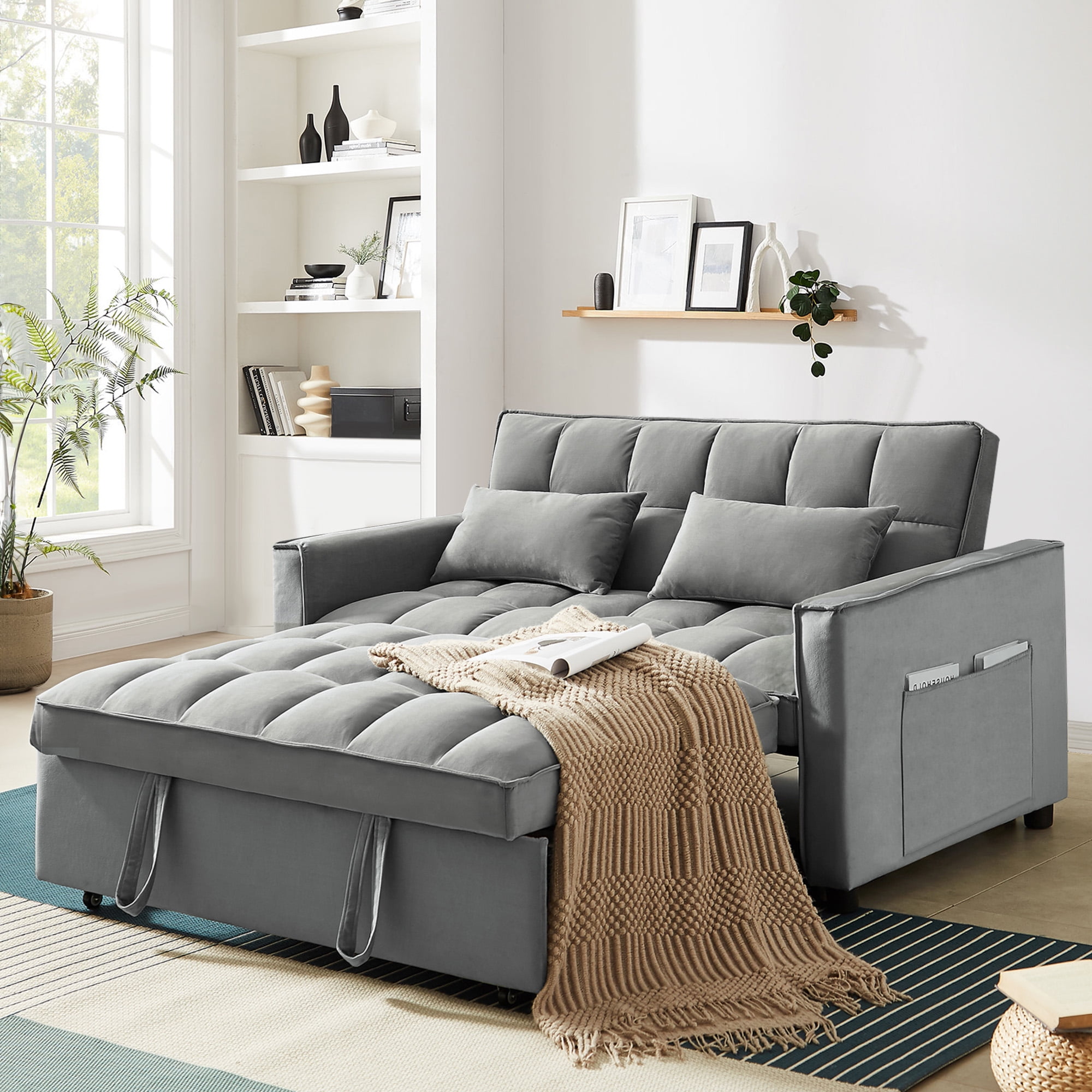 Lunale 4-in-1 Convertible Futon Sofa Bed, Pull Out Couch Beds Loveseat Sleeper, Gray Velvet