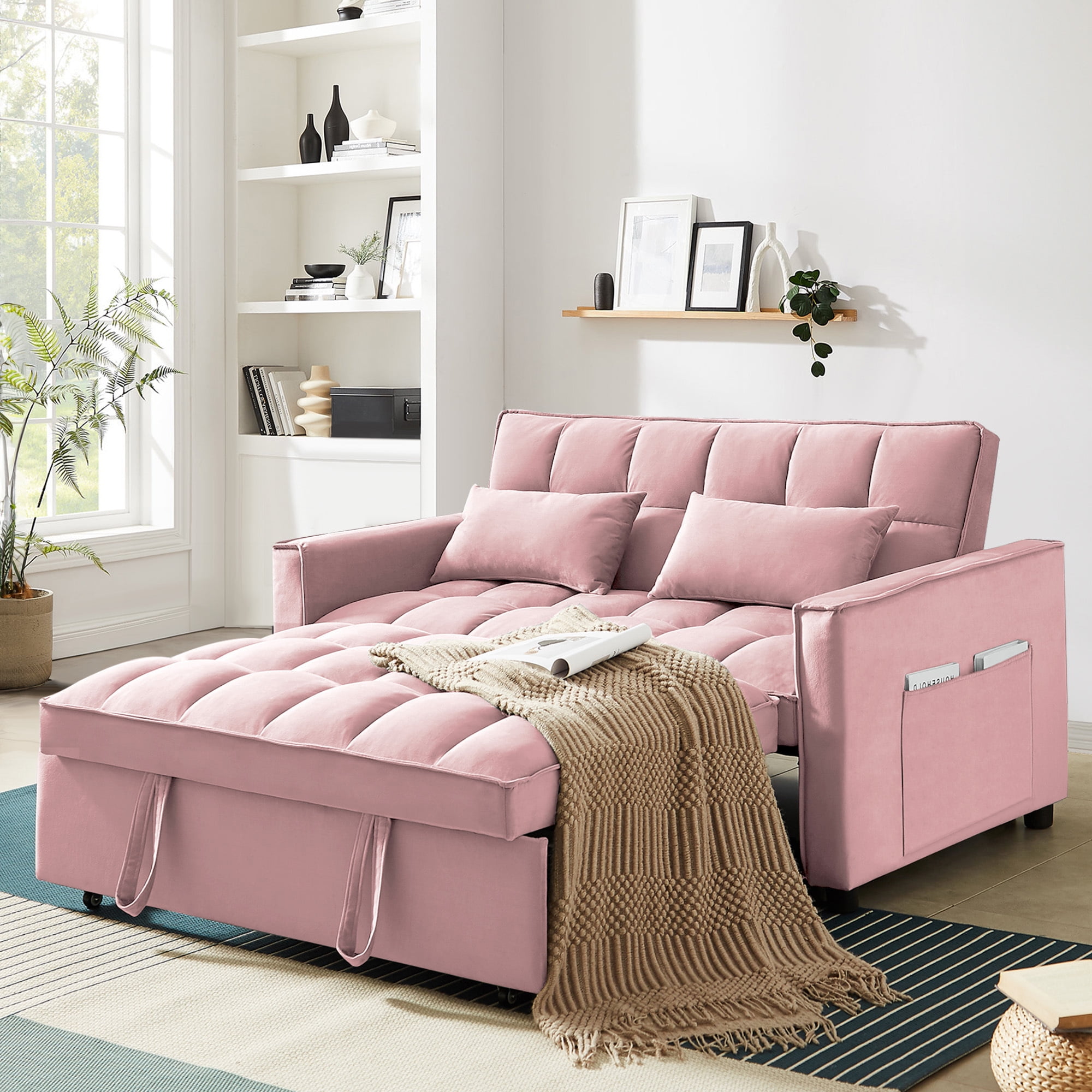 Lunale 4-in-1 Convertible Futon Sofa Bed, Pull Out Couch Beds Loveseat Sleeper, Pink Velvet