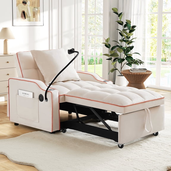 Lunale 4-in-1 Convertible Sleeper Chair Bed with Charge Ports & Phone Stand, Beige Velvet