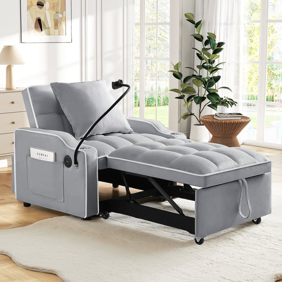 Lunale 4-in-1 Convertible Sleeper Chair Bed with Charge Ports & Phone Stand, Black Velvet