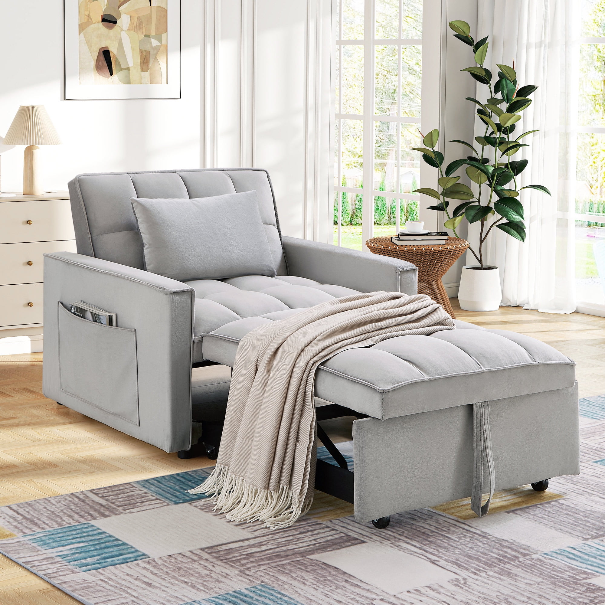 Lunale 4-in-1 Convertible Sleeper Sofa Chair Bed for Adult, Lounge Chair Indoor, Modern Single Couch for Living Room, Small Spaces, Gray Velvet