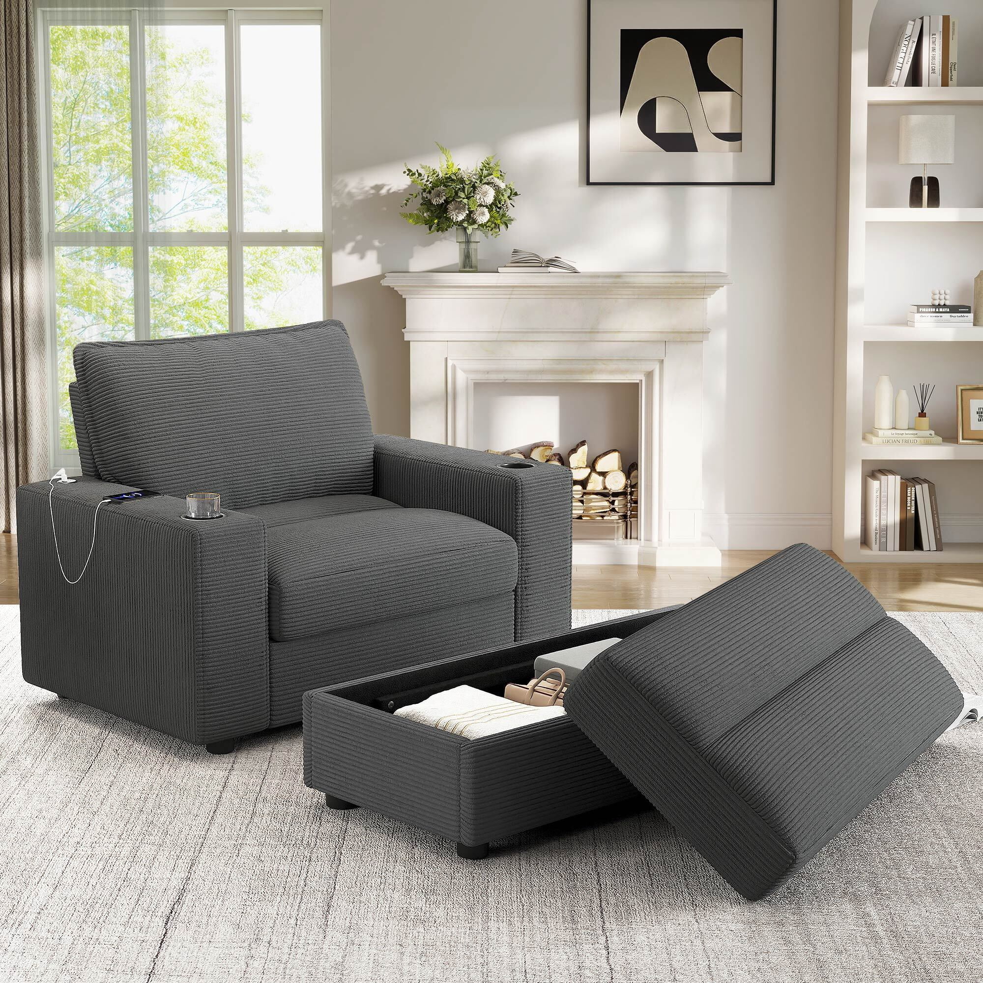 Lunale 42.8" Accent Chair with Ottoman, Indoor Chaise Lounge Chair with USB & Storage, Plush Reading Sofa Armchair for Living Room, Bedroom, Apt, Gray Corduroy