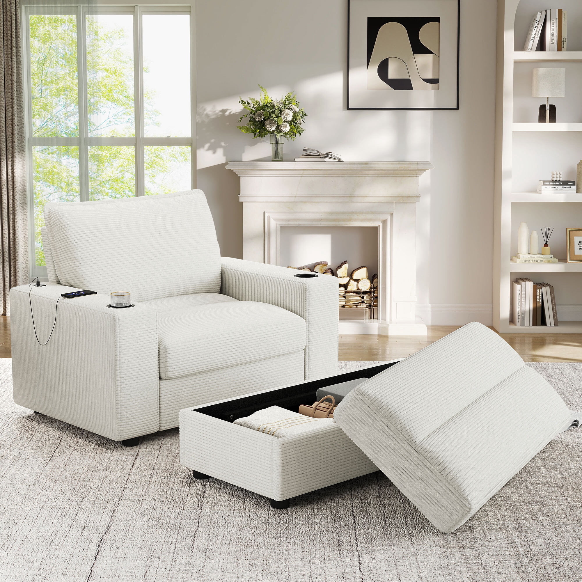 Lunale 42.8" Accent Chair with Ottoman, Indoor Chaise Lounge Chair with USB & Storage, Plush Reading Sofa Armchair for Living Room, Bedroom, Apt, White Corduroy