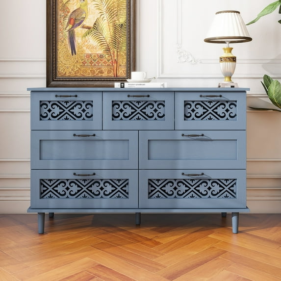 Lunale 47.24" Retro Hollow-Carved 7 Drawer Storage Cabinet, Sideboard Accent Cabinets for Bedroom, Living Room, Lake Blue