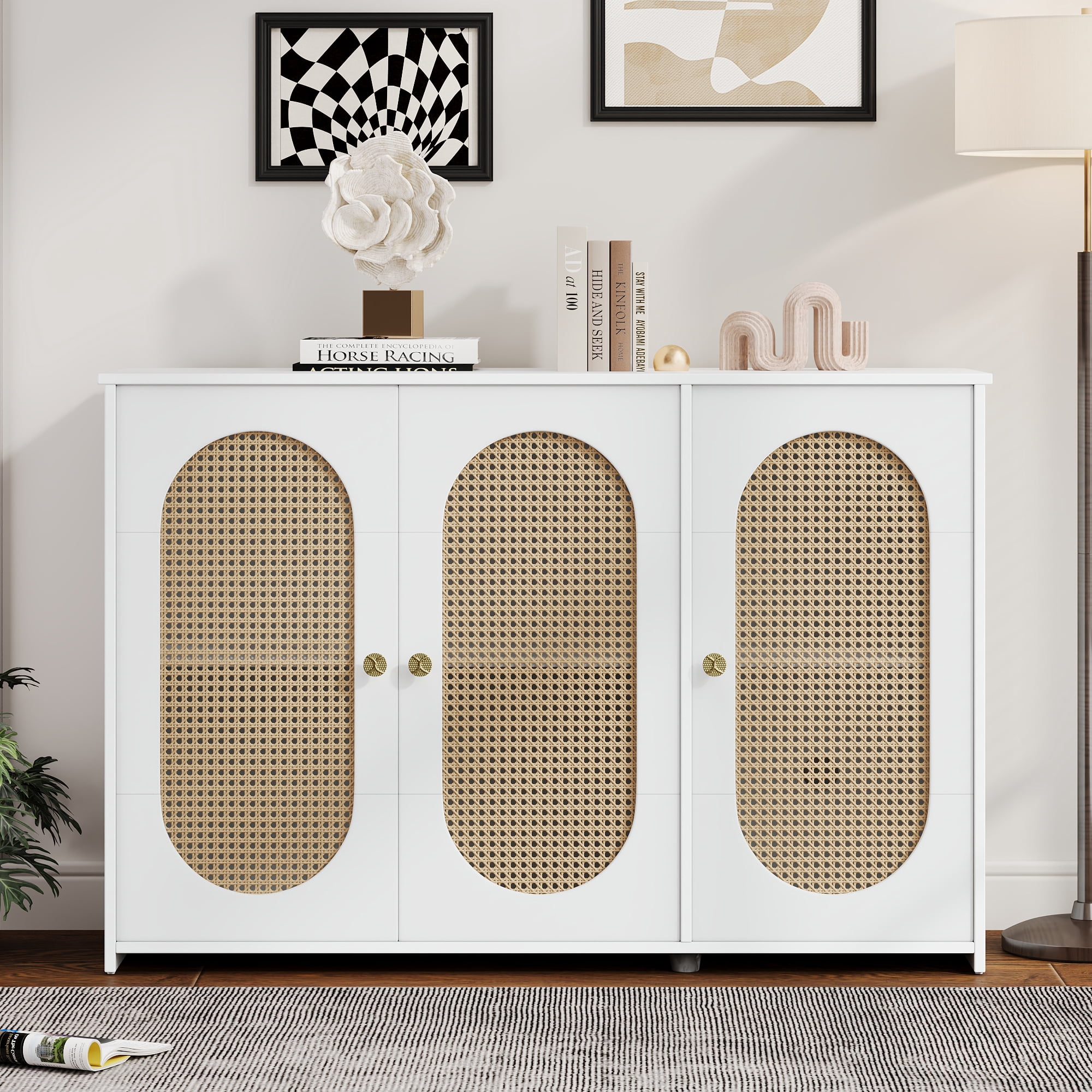 Lunale 48.8" Retro 3-Door Storage Sideboard Cabinet with Artificial Rattan Doors for Living Room and Hallway, White