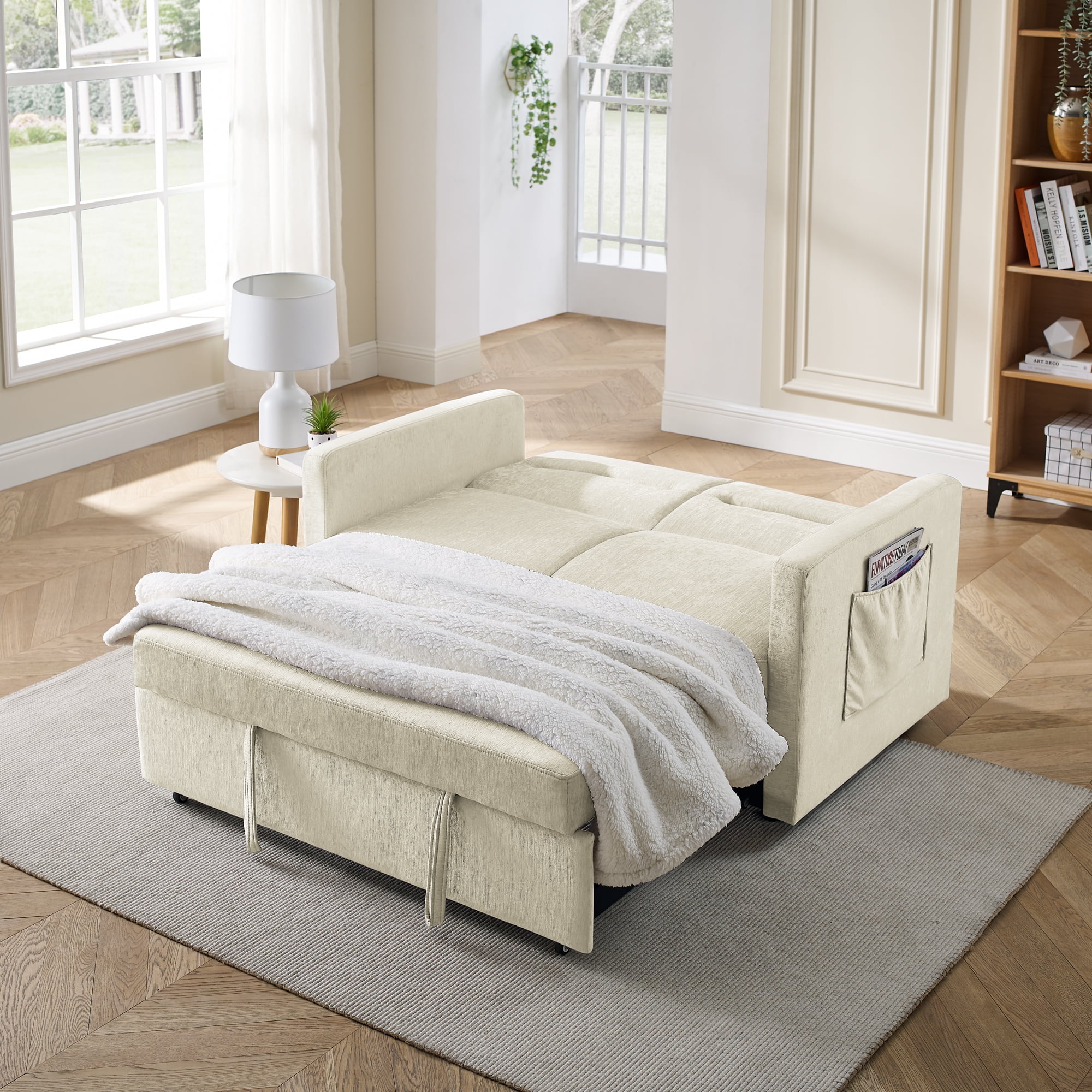 Lunale 54.5" Convertible Futon Sofa Bed, Velvet Loveseat Sleeper Sofa, Beige