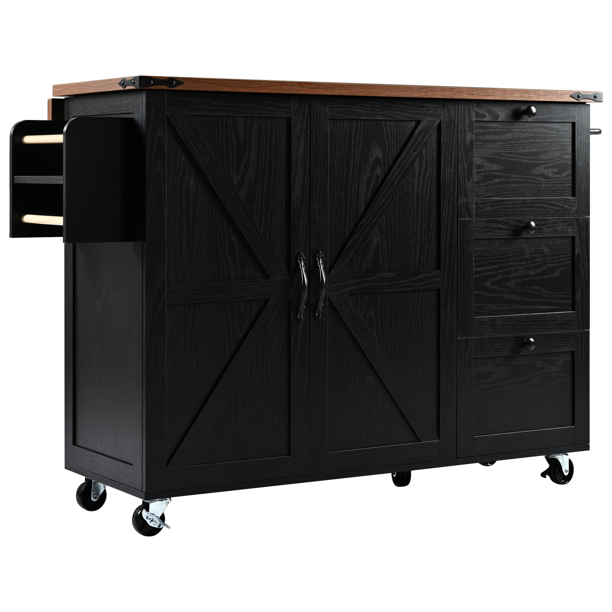 Lunale 54.5" Kitchen Storage Island for Dining Room, 2 Door Rolling Kitchen Island with Power Outlet, Black