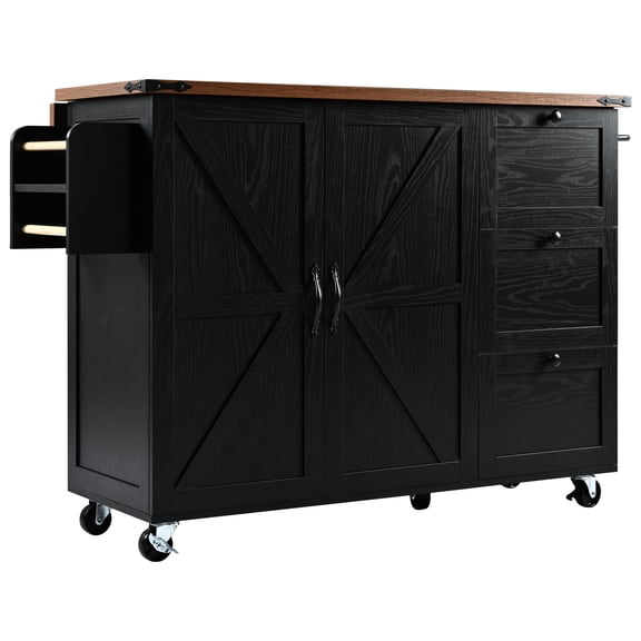 Lunale 54.5" Kitchen Storage Island for Dining Room, 2 Door Rolling Kitchen Island with Power Outlet, Black