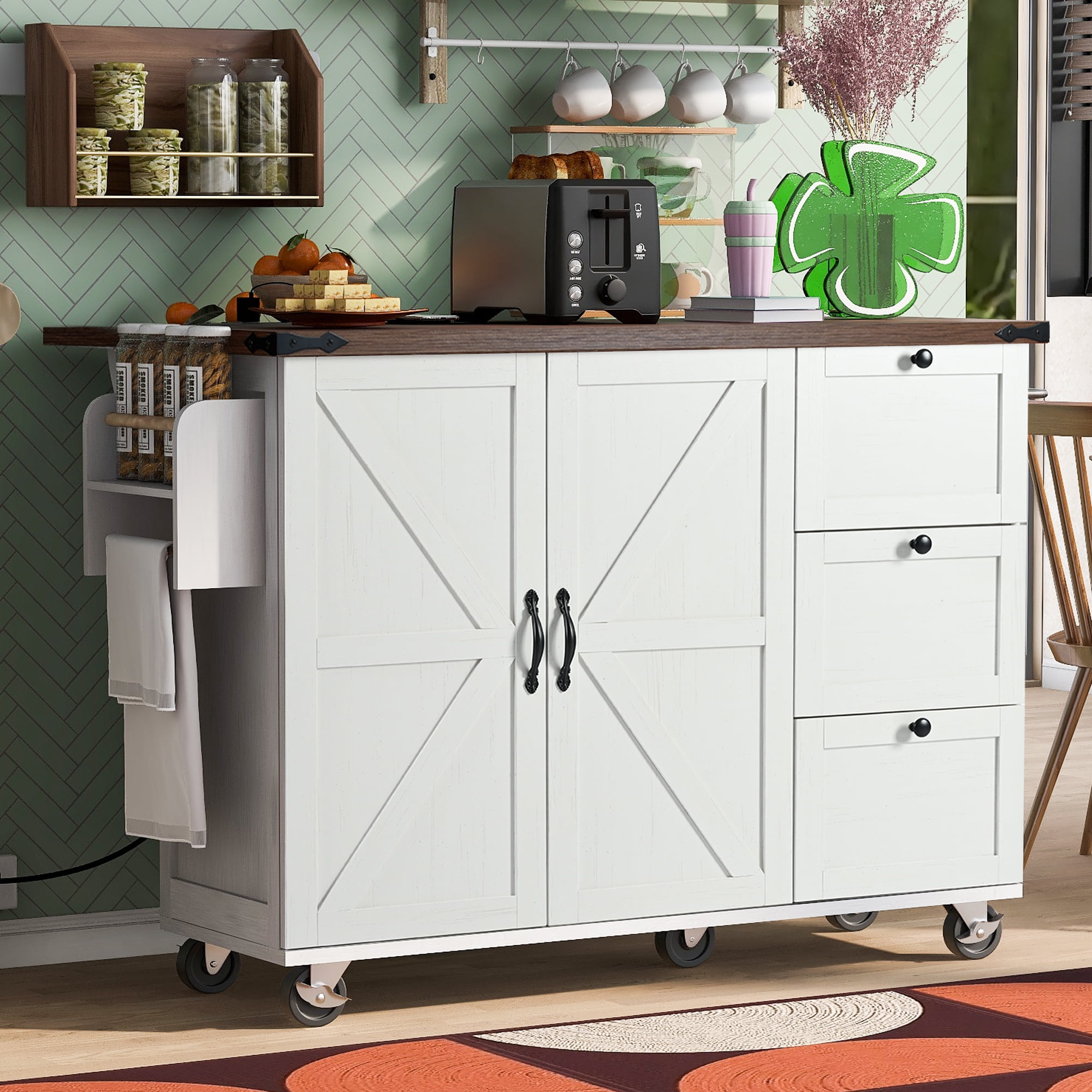 Lunale 54.5" Kitchen Storage Island for Dining Room, 2 Door Rolling Kitchen Island with Power Outlet, White