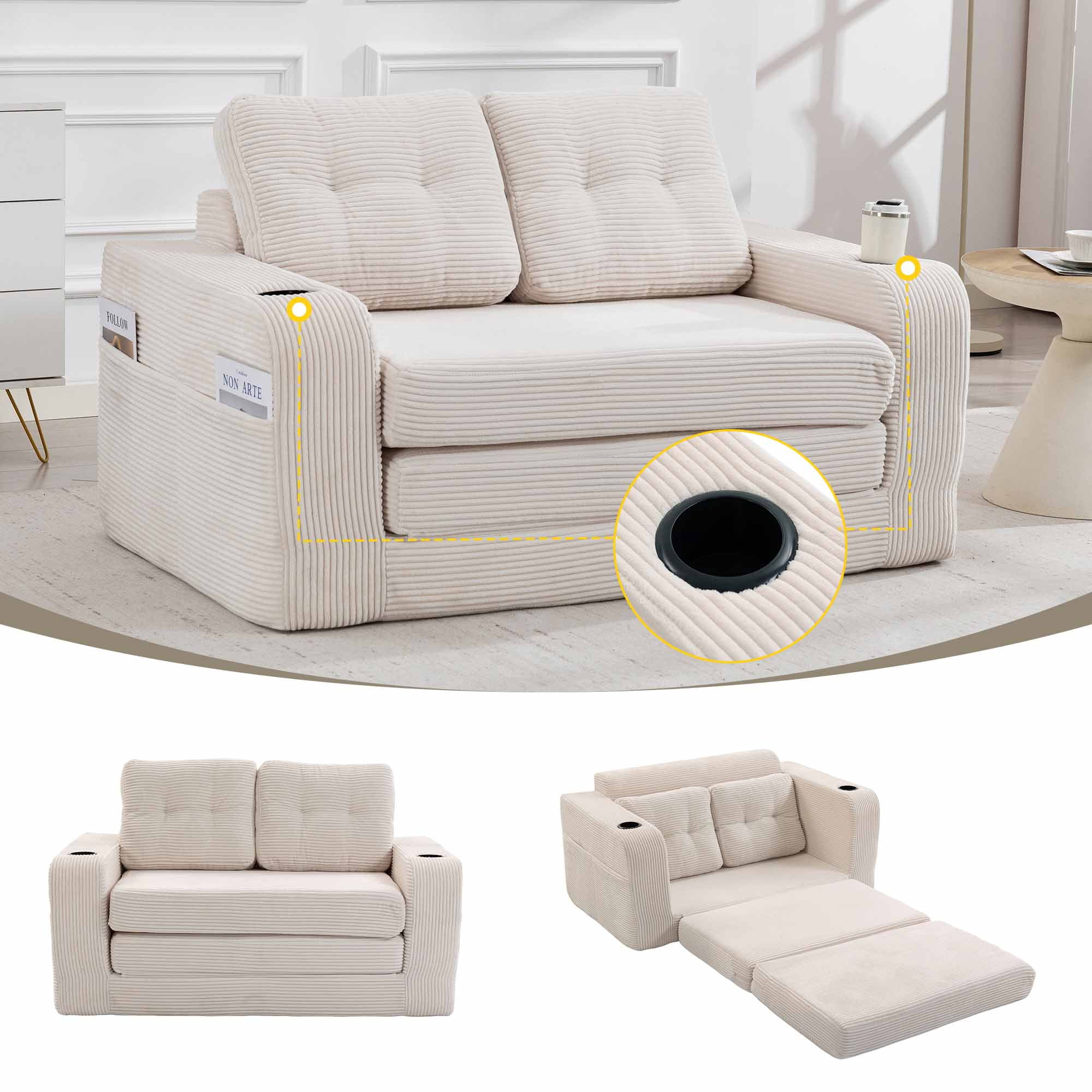 Lunale 54" Convertible Sofa Bed, Small Boneless Cloud Couch with Cup Holders, No Assembly Required, Corduroy Floor Sleeper Sofa, Beige