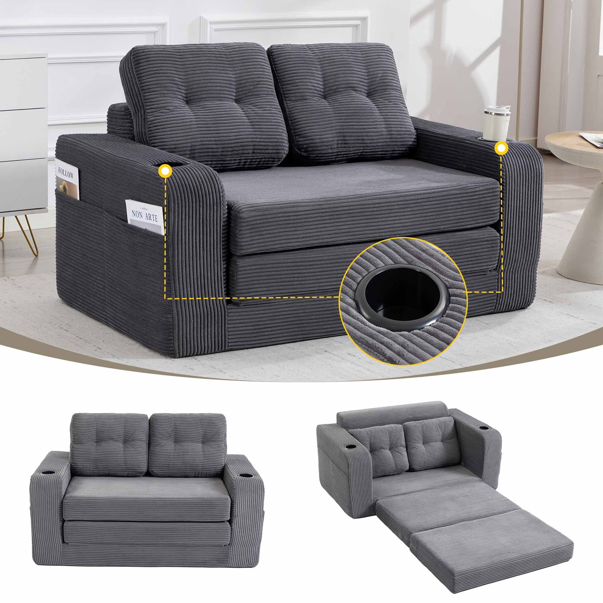 Lunale 54" Convertible Sofa Bed, Small Boneless Cloud Couch with Cup Holders, No Assembly Required, Corduroy Floor Sleeper Sofa, Gray