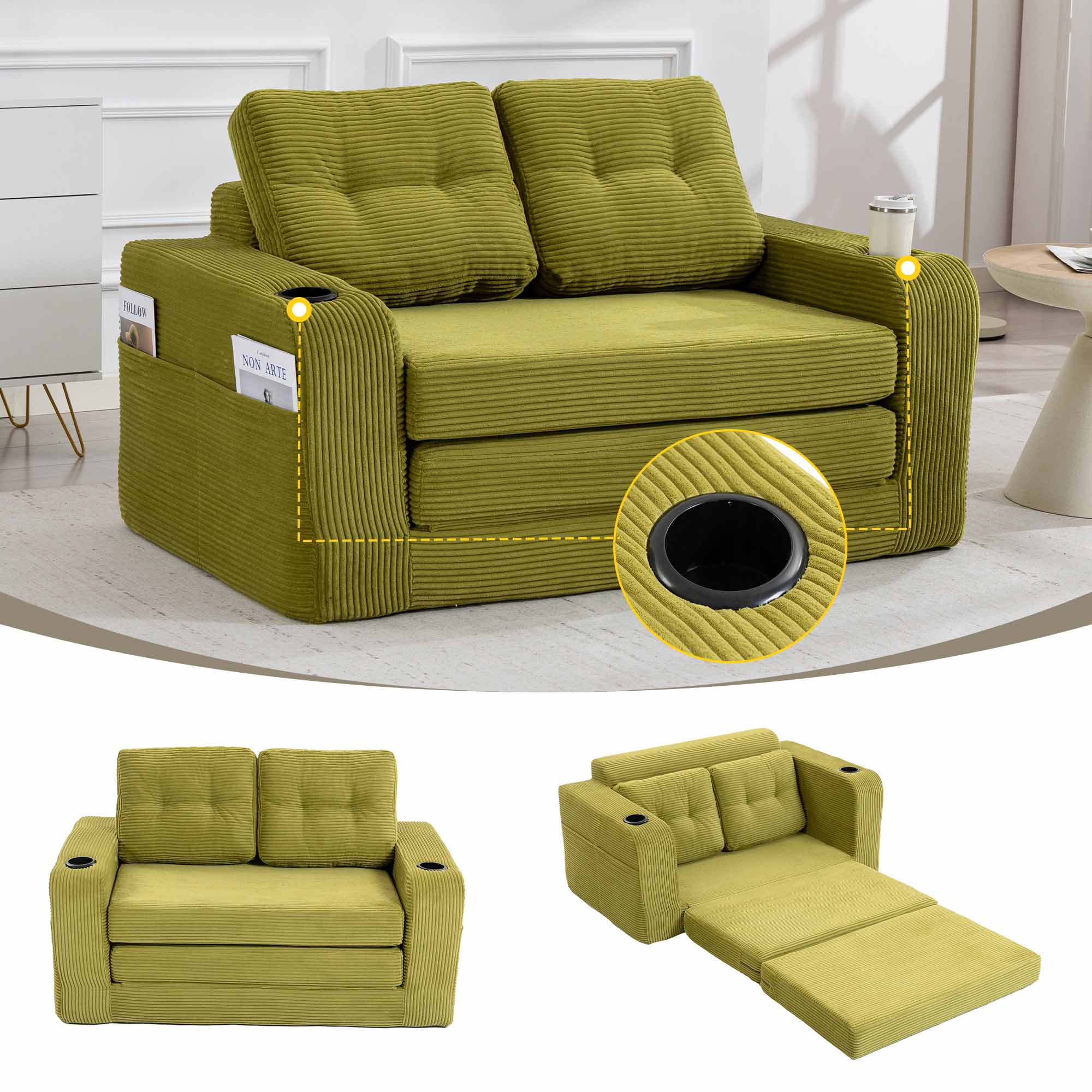 Lunale 54" Convertible Sofa Bed, Small Boneless Cloud Couch with Cup Holders, No Assembly Required, Corduroy Floor Sleeper Sofa, Green