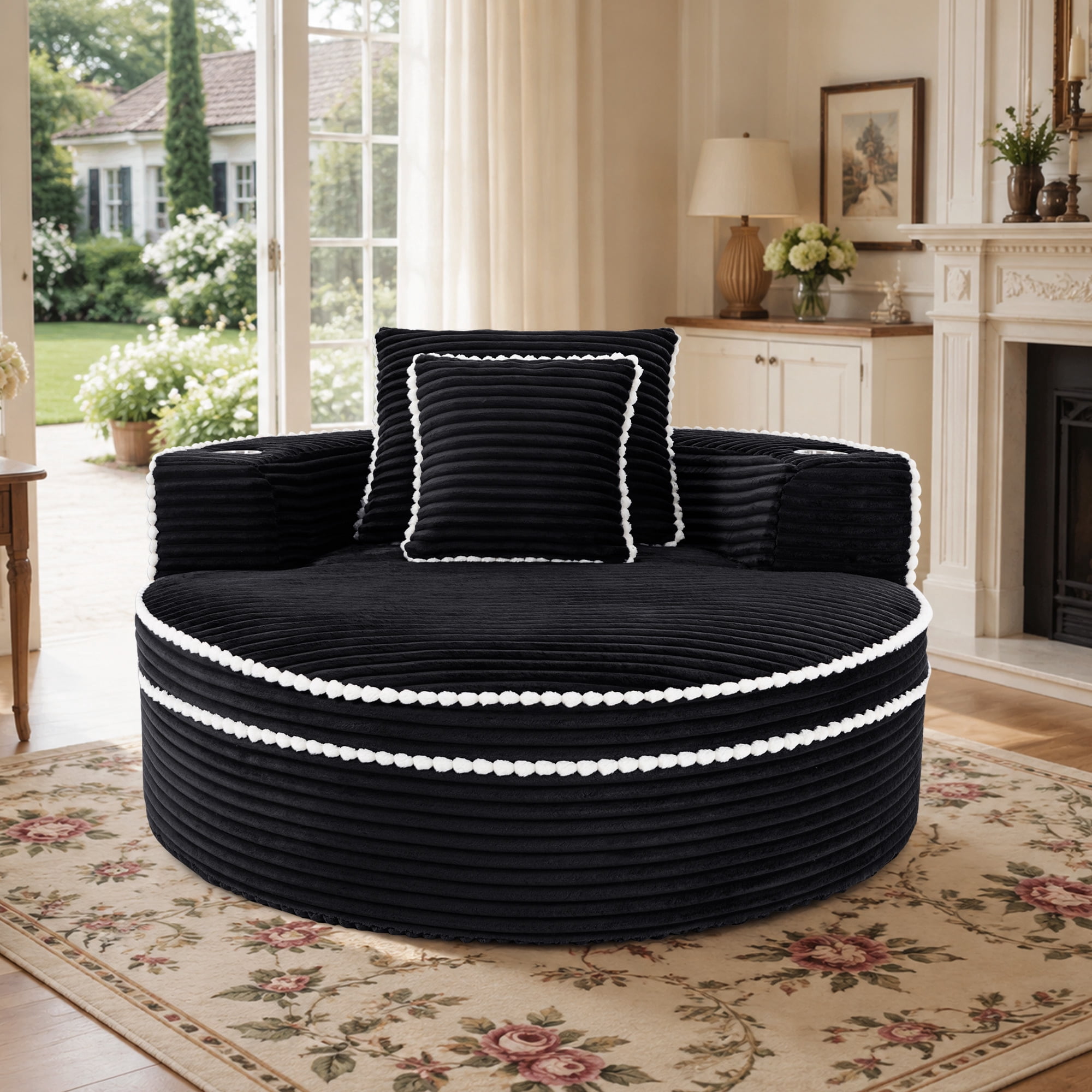 Lunale 54" Oversized Chaise Lounge Chair Indoor, Round Boneless Cloud Couch, No Assembly Required, Accent Reading Chair for Living Room, Black Corduroy