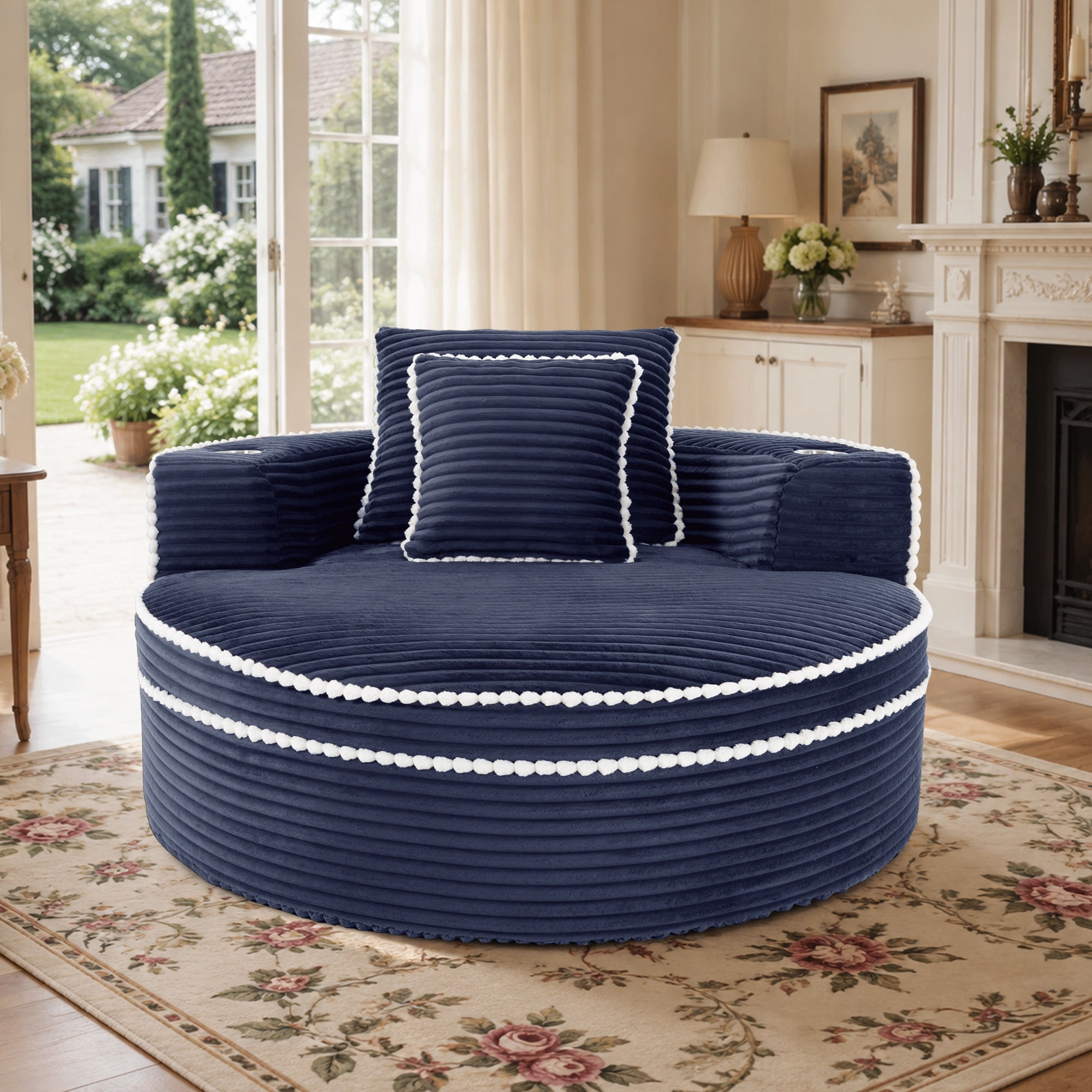 Lunale 54" Oversized Chaise Lounge Chair Indoor, Round Boneless Cloud Couch, No Assembly Required, Accent Reading Chair for Living Room, Blue Corduroy