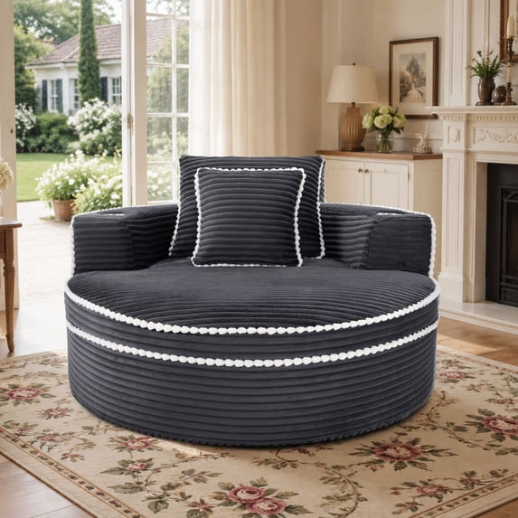 Lunale 54" Oversized Chaise Lounge Chair Indoor, Round Boneless Cloud Couch, No Assembly Required, Accent Reading Chair for Living Room, Gray Corduroy
