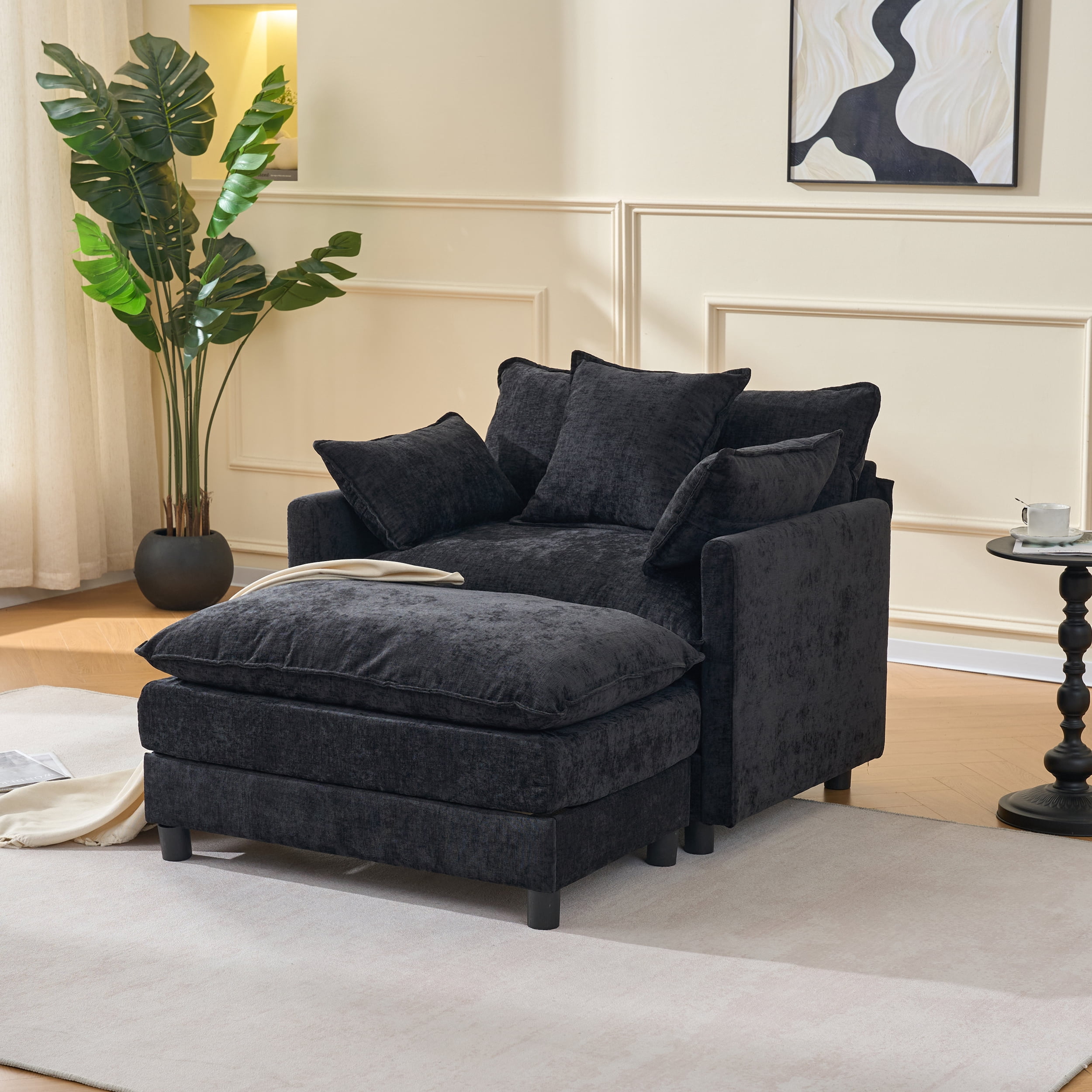 Lunale 54" Oversized Chaise Lounge Chair Indoor with Movable Ottoman, Modern Deep Seat Double-Layer Sleeper Sofa for Living Room, Black Chenille