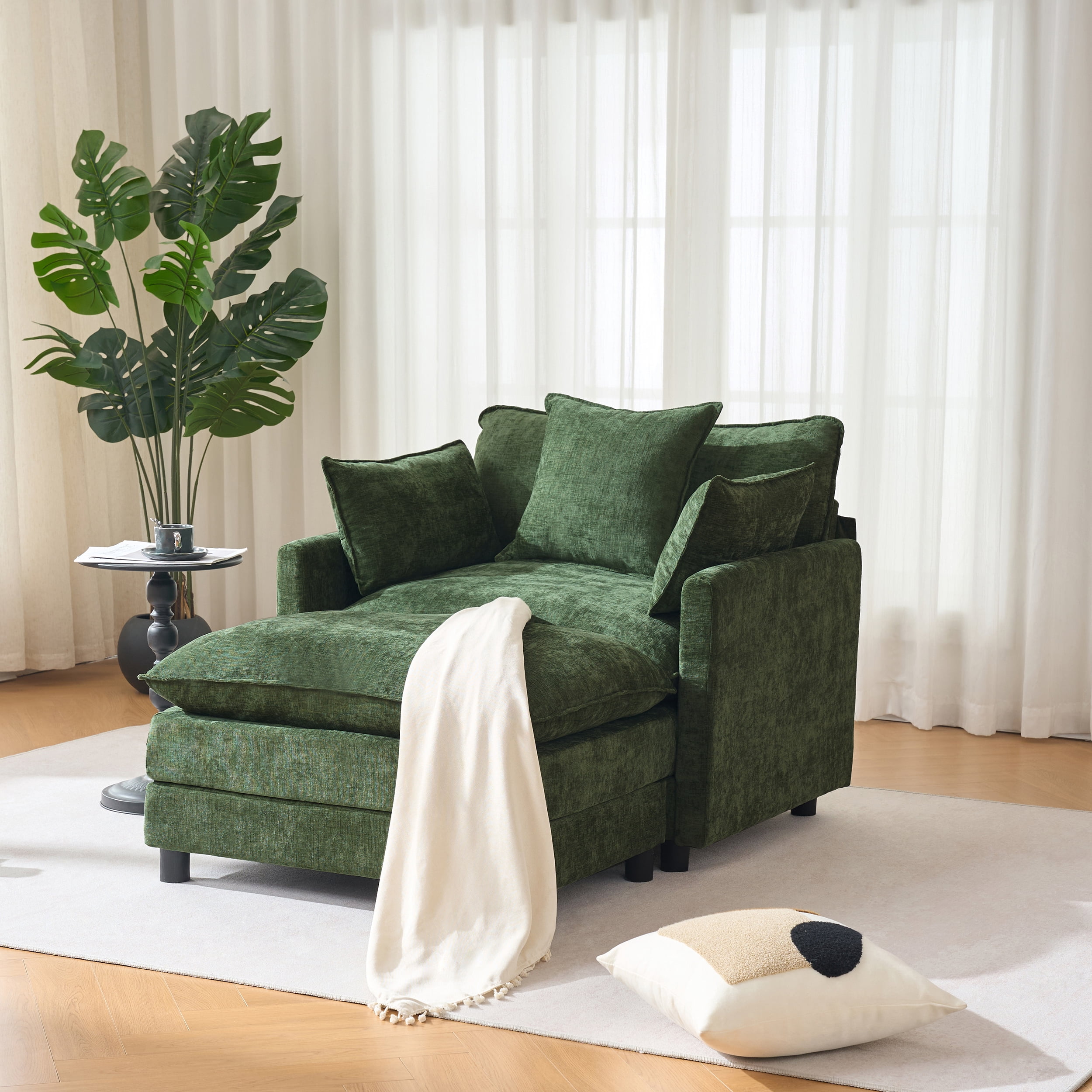 Lunale 54" Oversized Chaise Lounge Chair Indoor with Movable Ottoman, Modern Deep Seat Double-Layer Sleeper Sofa for Living Room, Green Chenille