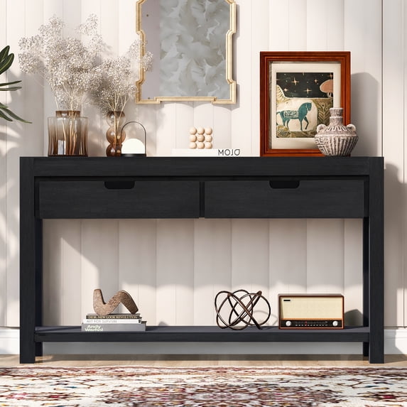 Lunale 55.1" Console Table with 2 Drawers and 1 Shelf, Rectangular Table with Acacia Veneer for Entryway, Living Room, Black