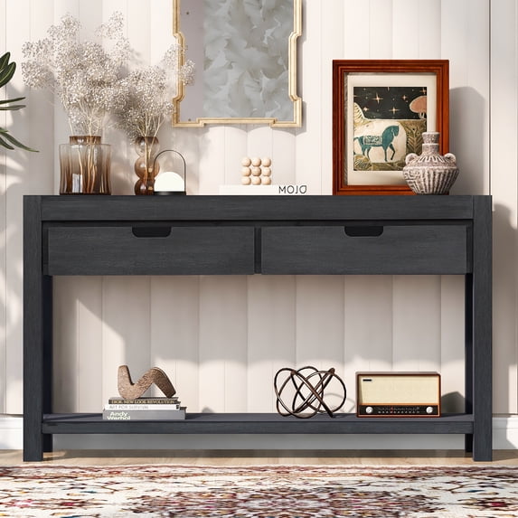 Lunale 55.1" Console Table with 2 Drawers and 1 Shelf, Rectangular Table with Acacia Veneer for Entryway, Living Room, Gray