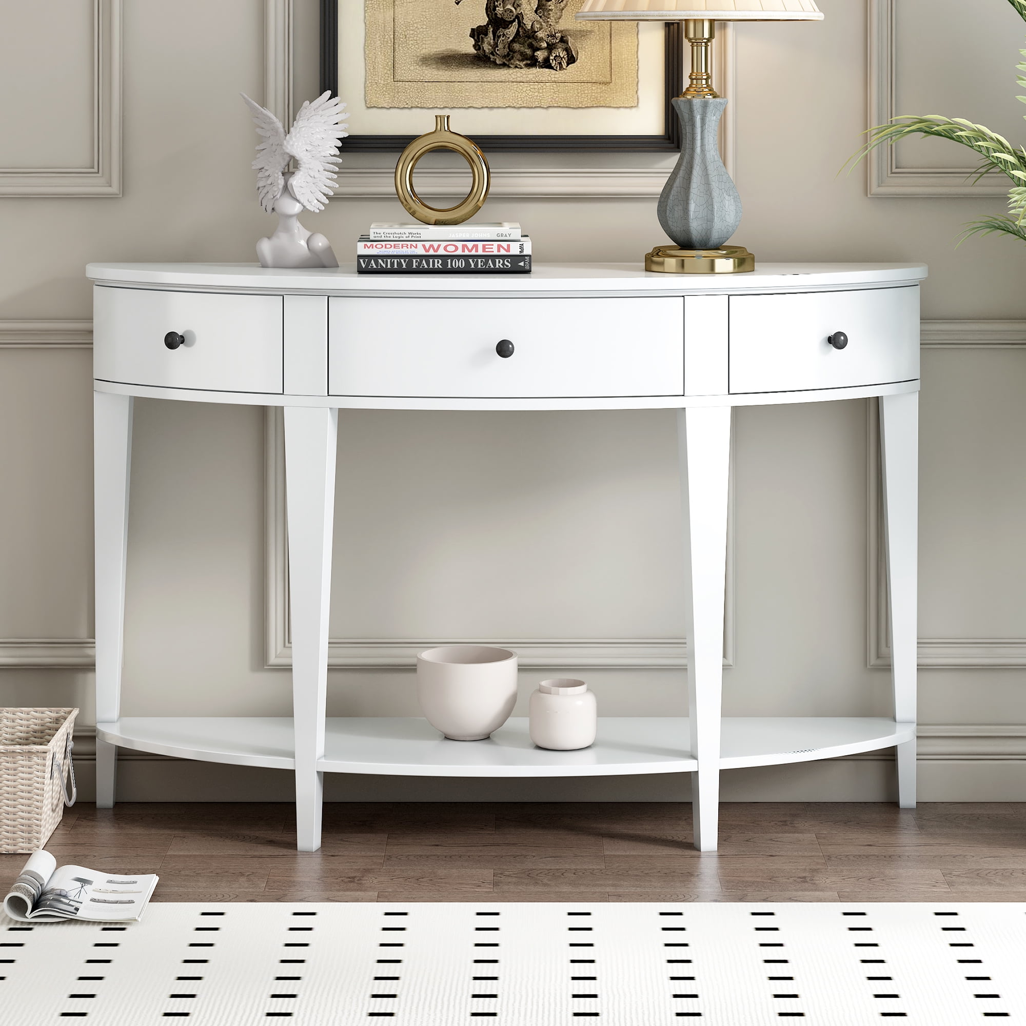 Lunale 55.1" Modern 3drawer Curved Console Table with Storage Shelf