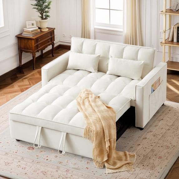 Lunale 55" Convertible Loveseat Sleeper, Tufted Pull Out Sofa Bed for Living Room, Beige Velvet