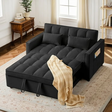 Lunale 55" Convertible Loveseat Sleeper, Tufted Pull Out Sofa Bed for Living Room, Black Velvet