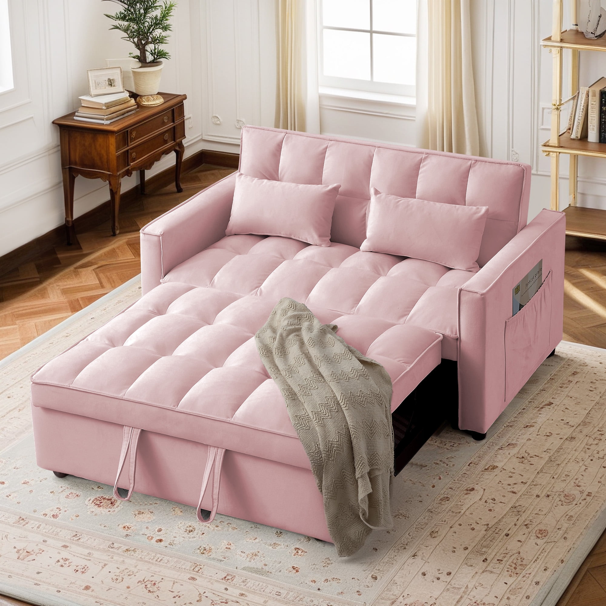 Lunale 55" Convertible Loveseat Sleeper, Tufted Pull Out Sofa Bed for Living Room, Pink Velvet