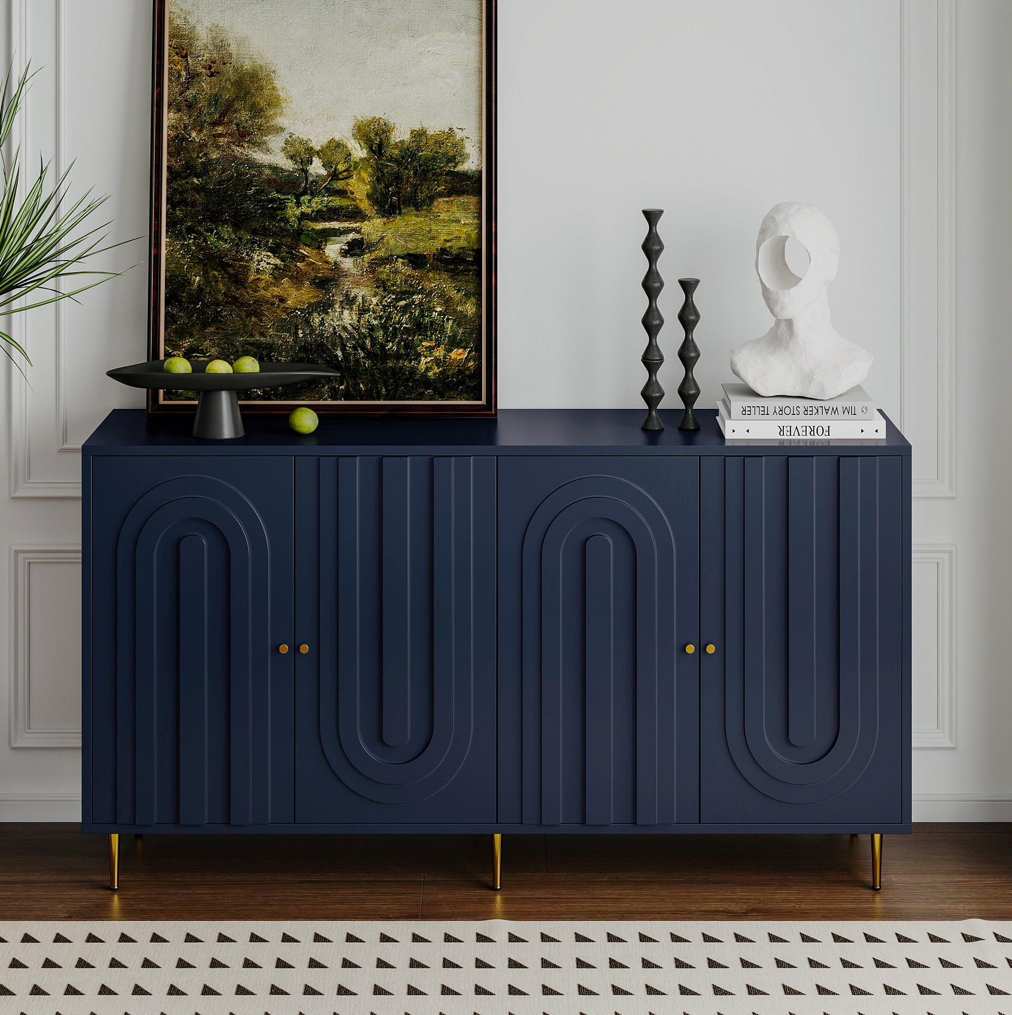 Lunale 59.84" Modern Lacquered Storage Cabinet with 4 Doors, Sideboard Buffet Cabinet for Living Room, Kitchen, Blue