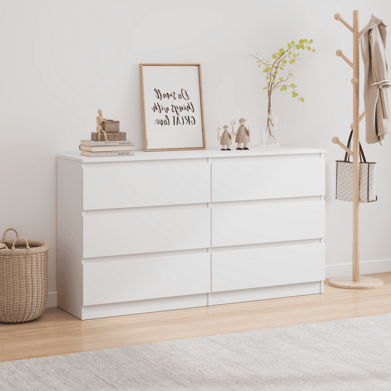 Vastcury 6 Drawer Wide Dressers Chest for Bedroom Storage Drawer Organizer with Modern Minimalist Design White