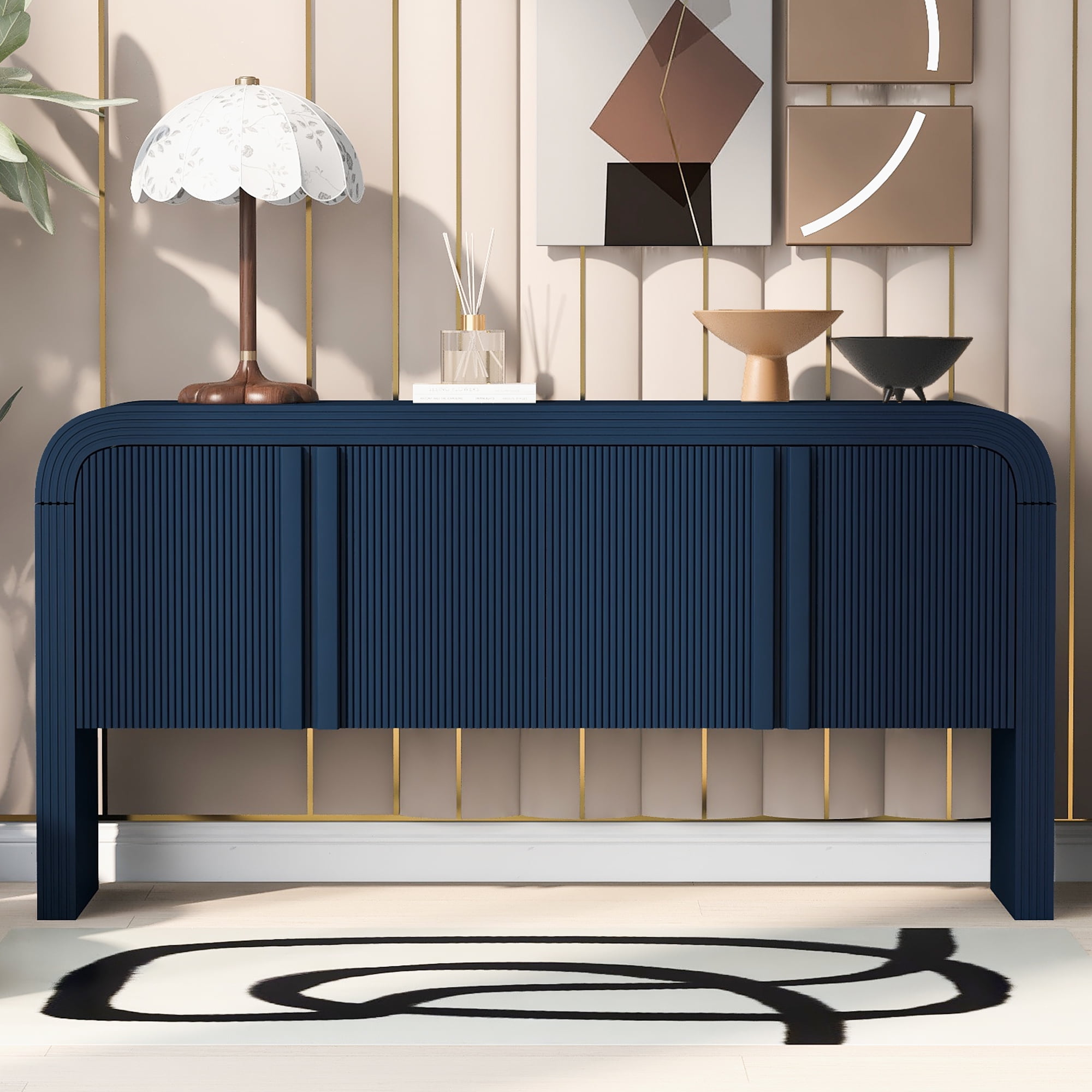 Lunale 63" Blue MDF and Pine Wood Sideboard Buffet Cabinet