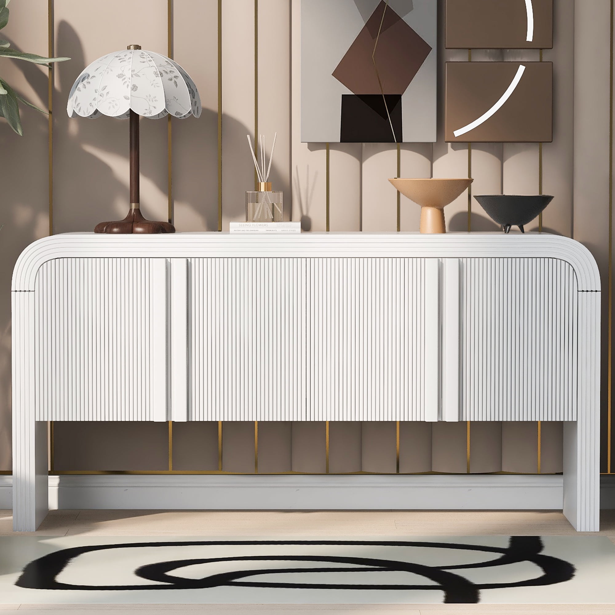 Lunale 63" Storage Cabinet with 4 Striped Doors, Sideboard Buffet with Metal Handles for Living Room, White