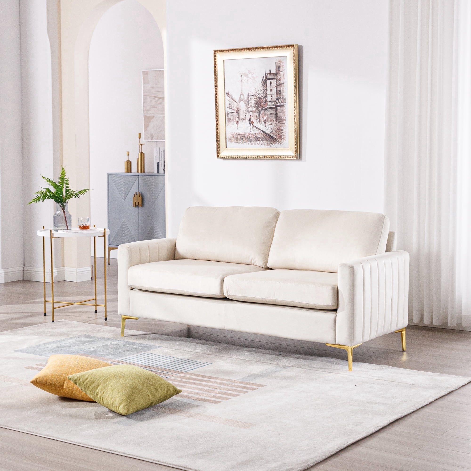 Lunale 65" Loveseat Sofa, Deep Seat Cloud Couch, Modern Velvet Living Room Sofa, Beige