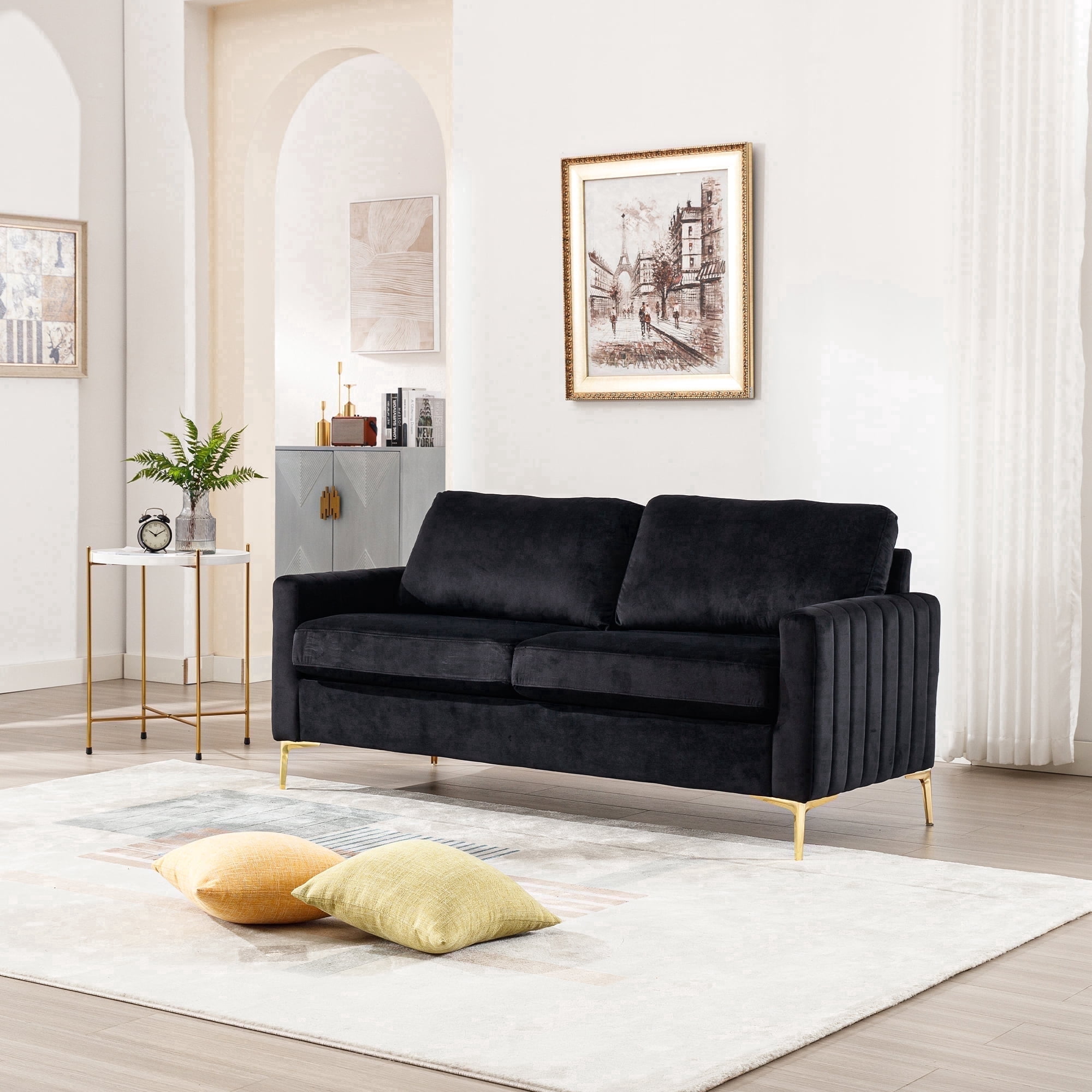 Lunale 65" Loveseat Sofa, Deep Seat Cloud Couch, Modern Velvet Living Room Sofa, Black