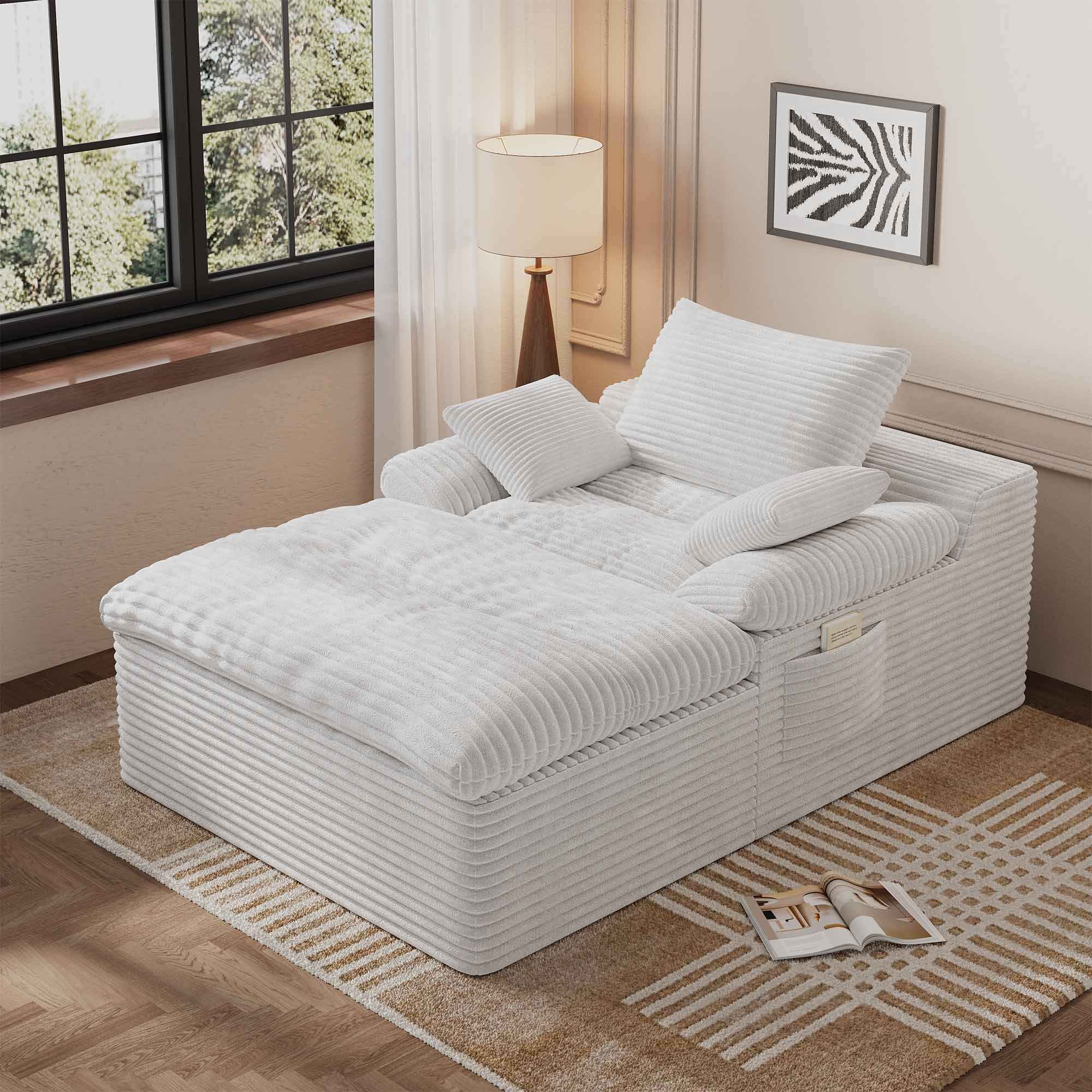 Lunale 65" Oversized Chaise Lounge Chair Indoor with Side Pocket, Boneless Corduroy Cloud Couch, No Assembly Required for Living Room, Beige
