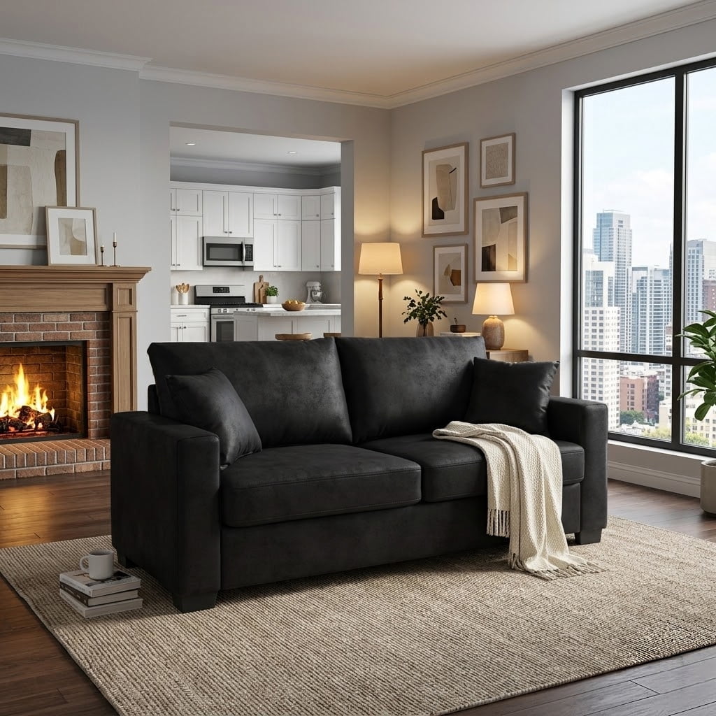 Lunale 69" Loveseat Sofa for Small Space, Modern Comfortable 2-Seater Upholstered Couch, Black Faux Leather