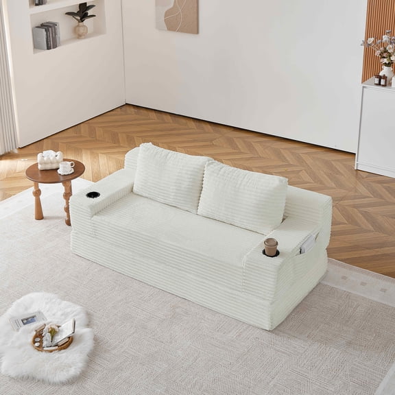 Lunale 70.8" Convertible Sleeper Sofa Bed, Boneless Cloud Couch with Cup Holders and Side Pockets for Small Space, Beige