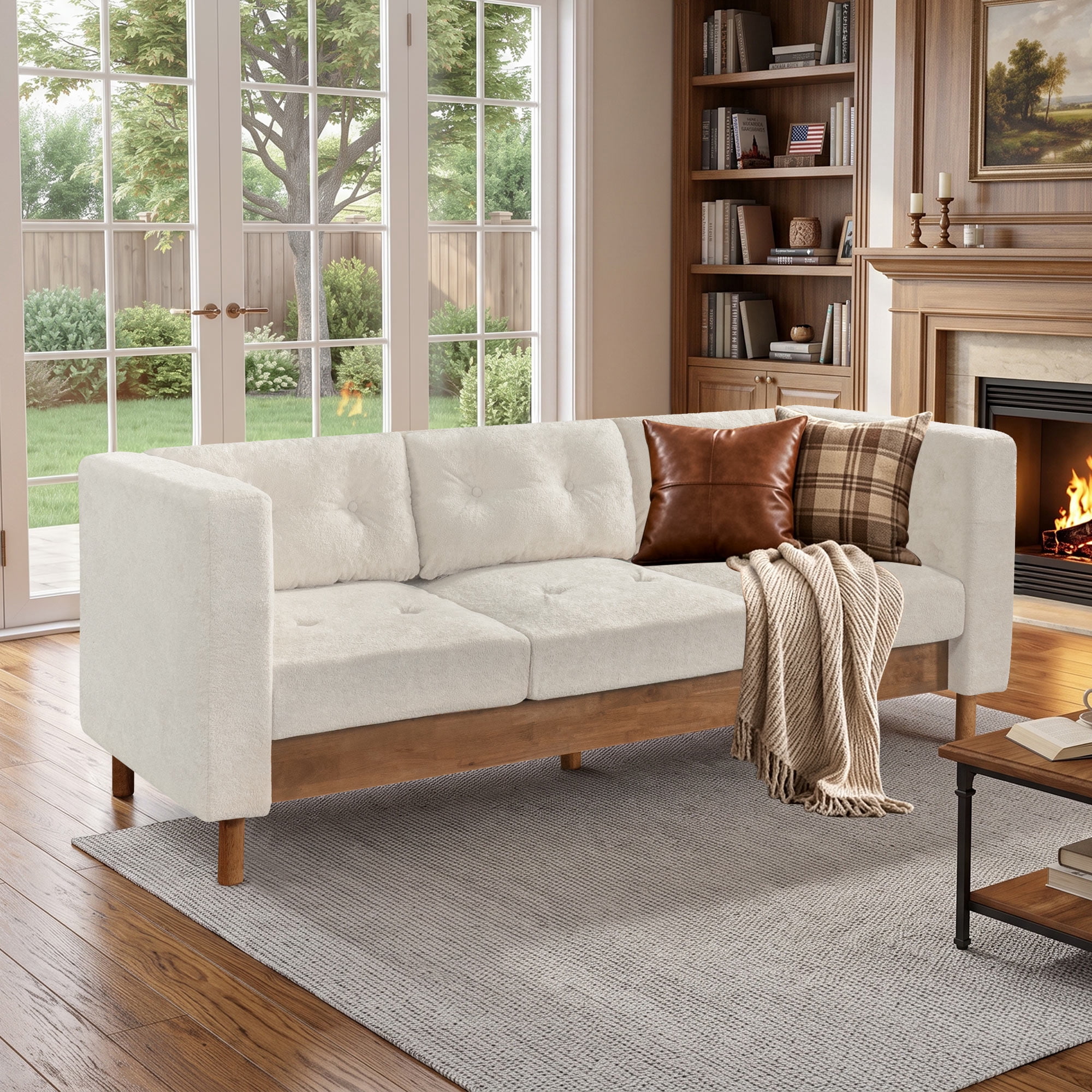 Lunale 78" Chenille 3-Seater Sofa, Modern Mid‑Century Upholstered Couch for Living Room, Apt., Tufted Design & Wood Legs, Beige