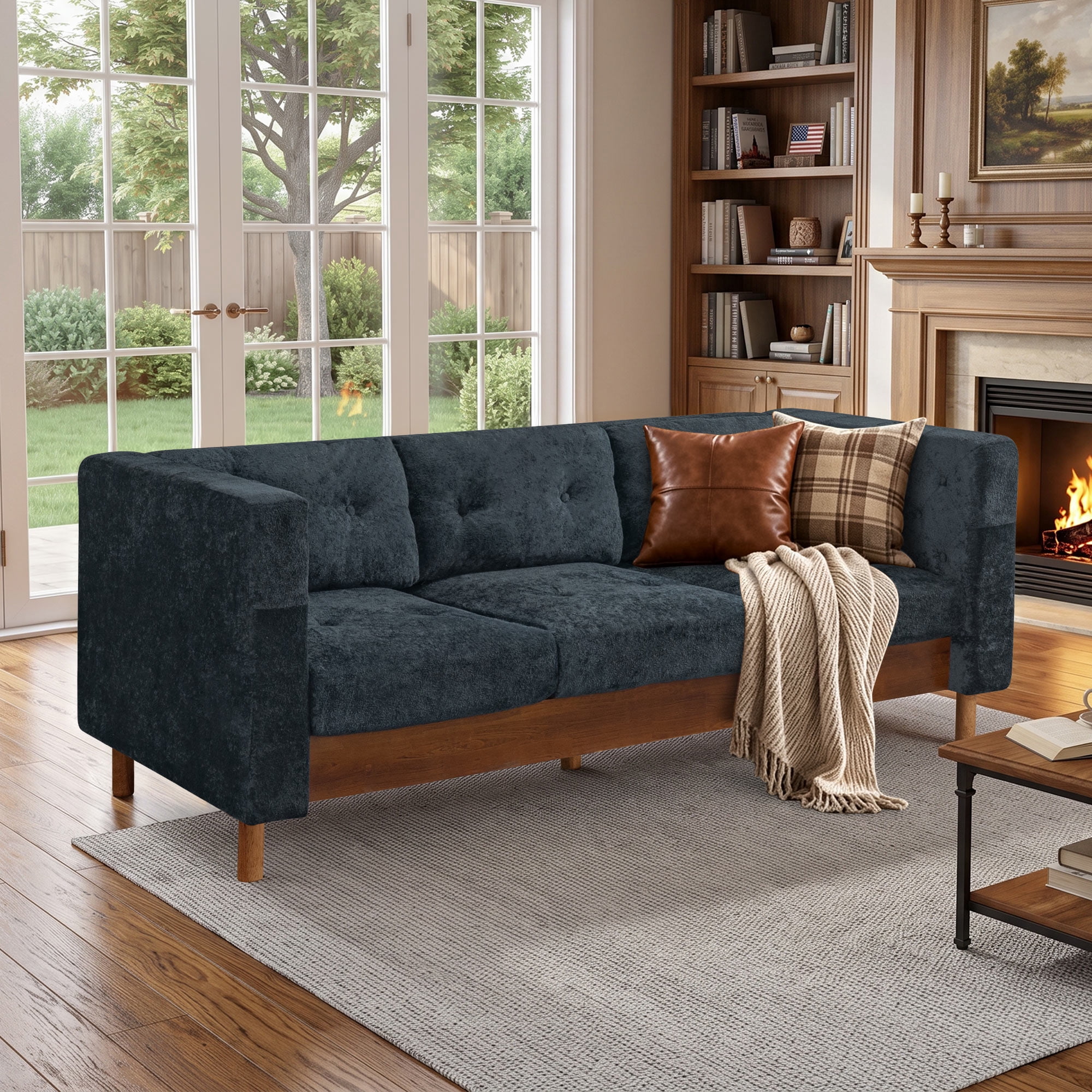 Lunale 78" Chenille 3-Seater Sofa, Modern Mid‑Century Upholstered Couch for Living Room, Apt., Tufted Design & Wood Legs, Blue
