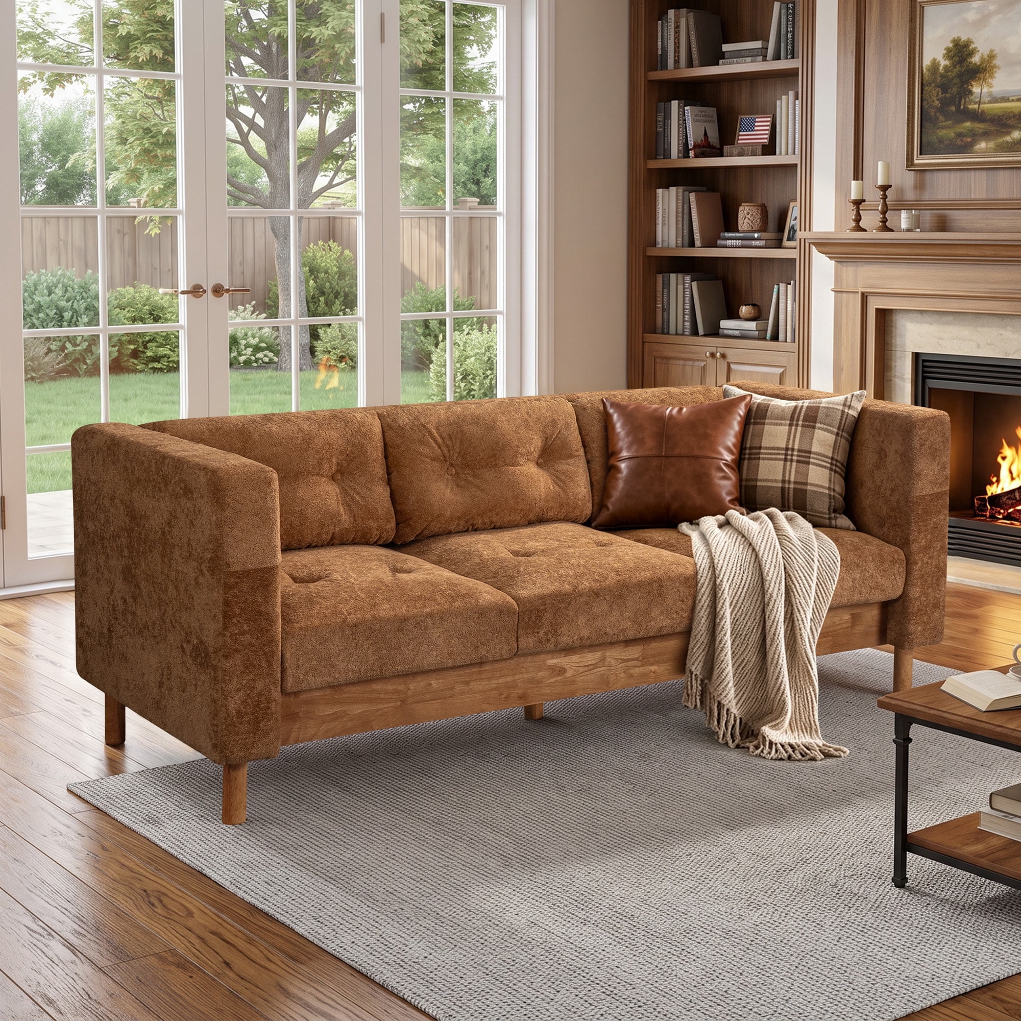 Lunale 78" Chenille 3-Seater Sofa, Modern Mid‑Century Upholstered Couch for Living Room, Apt., Tufted Design & Wood Legs, Brown