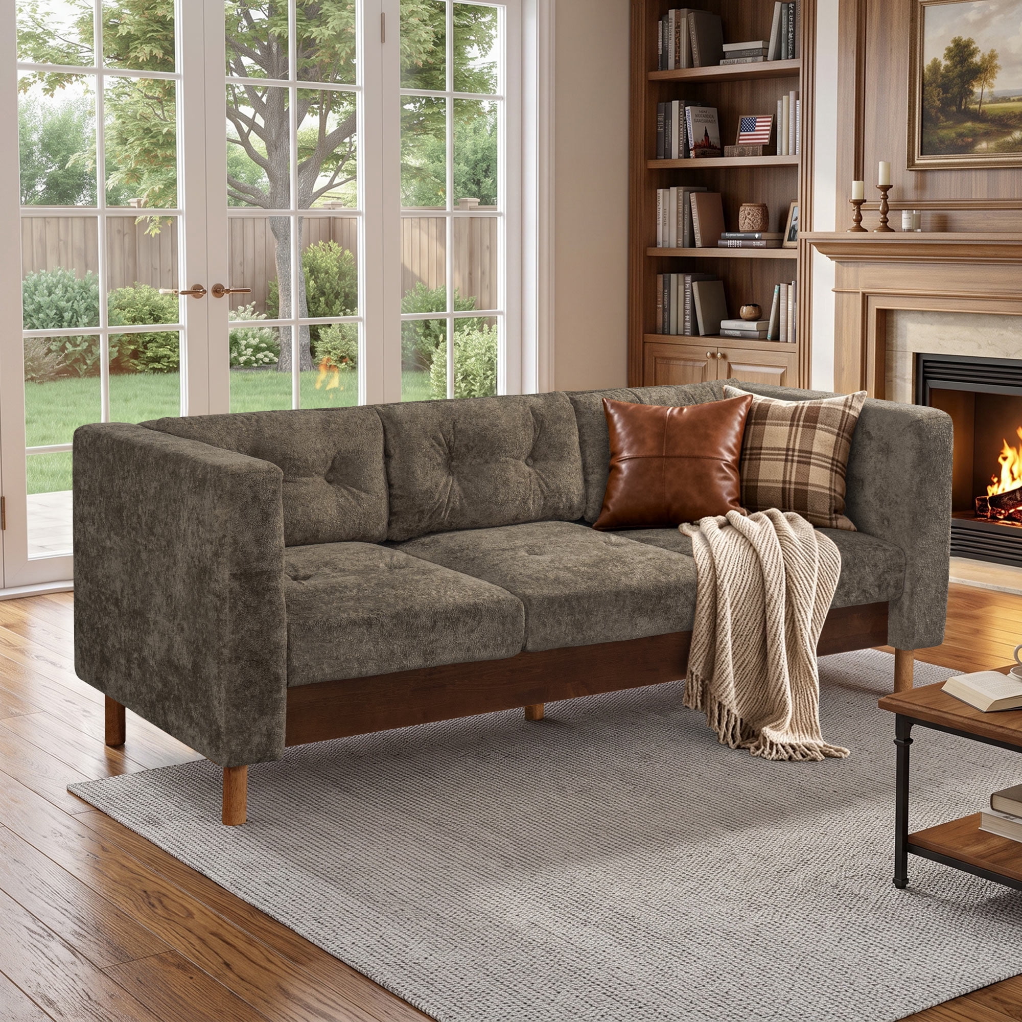 Lunale 78" Chenille 3-Seater Sofa, Modern Mid‑Century Upholstered Couch for Living Room, Apt., Tufted Design & Wood Legs, Dark Brown