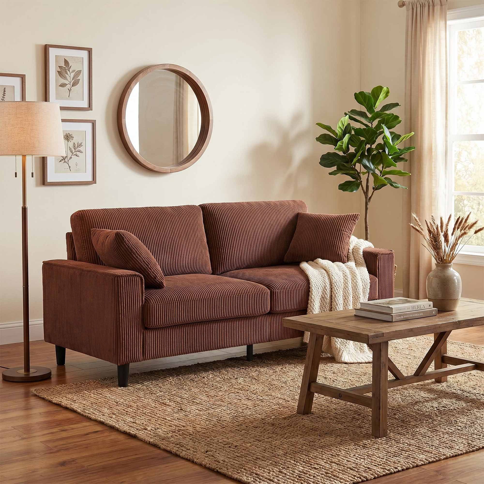 Lunale 82" Modern 3-Seater Sofa, Corduroy Upholstered Couch for Living Room, Orange