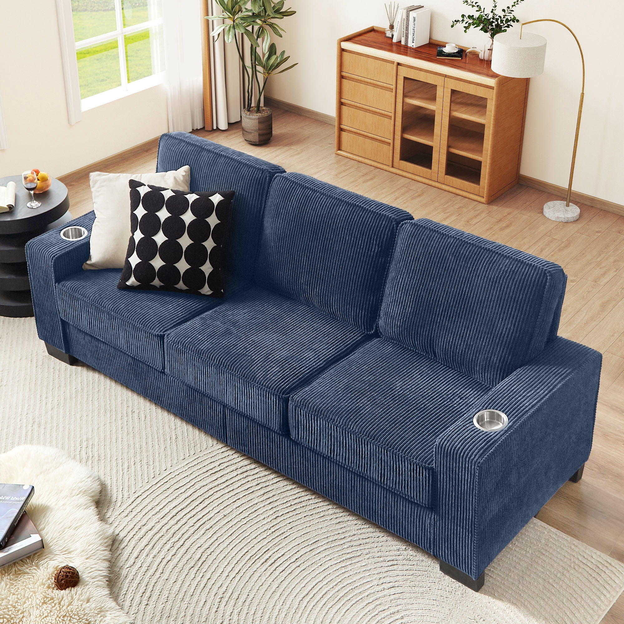 Lunale 83" Corduroy Sofa with Cup Holders, Modern 3-Seater Couch for Living Room, Apt., Blue