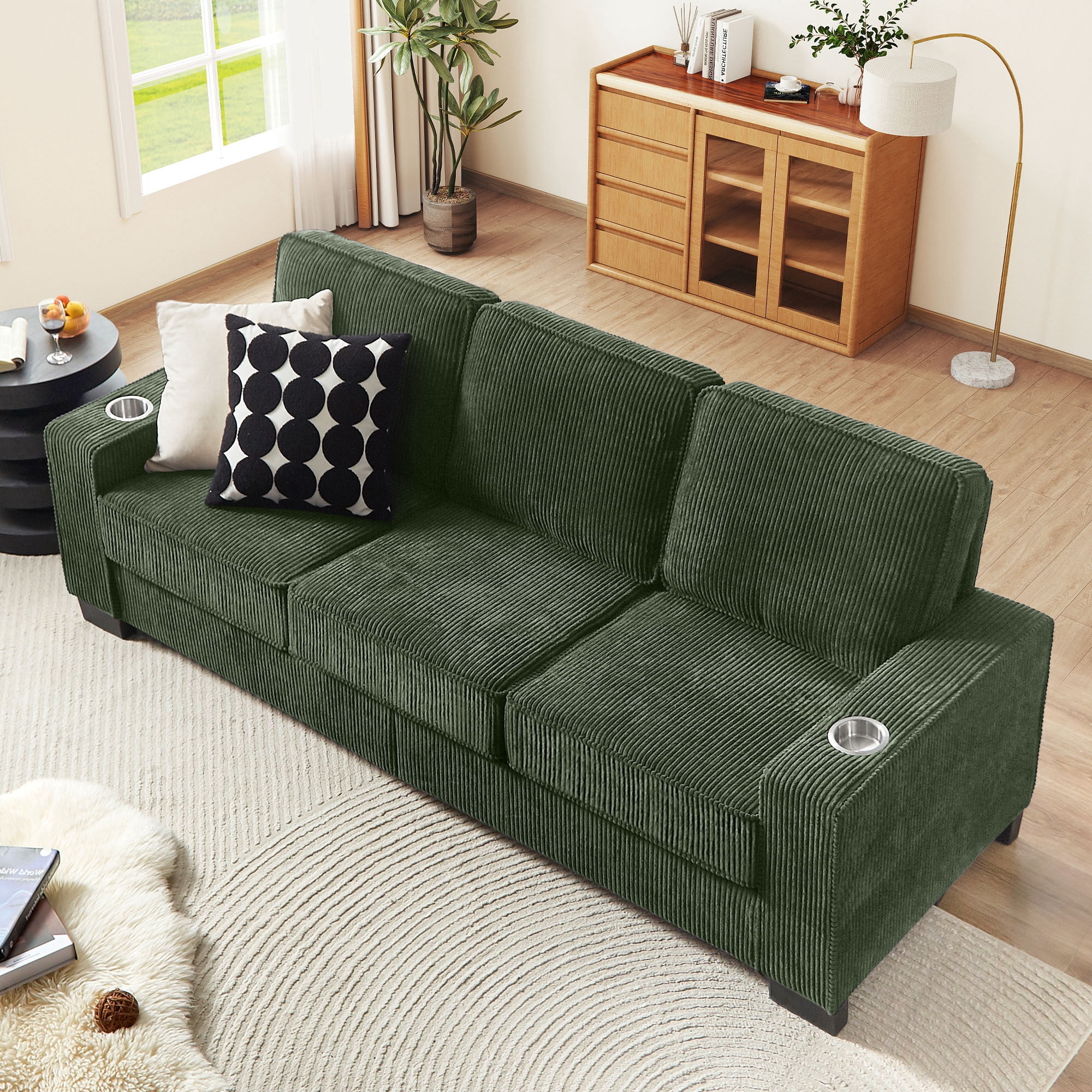 Lunale 83" Corduroy Sofa with Cup Holders, Modern 3-Seater Couch for Living Room, Apt., Green
