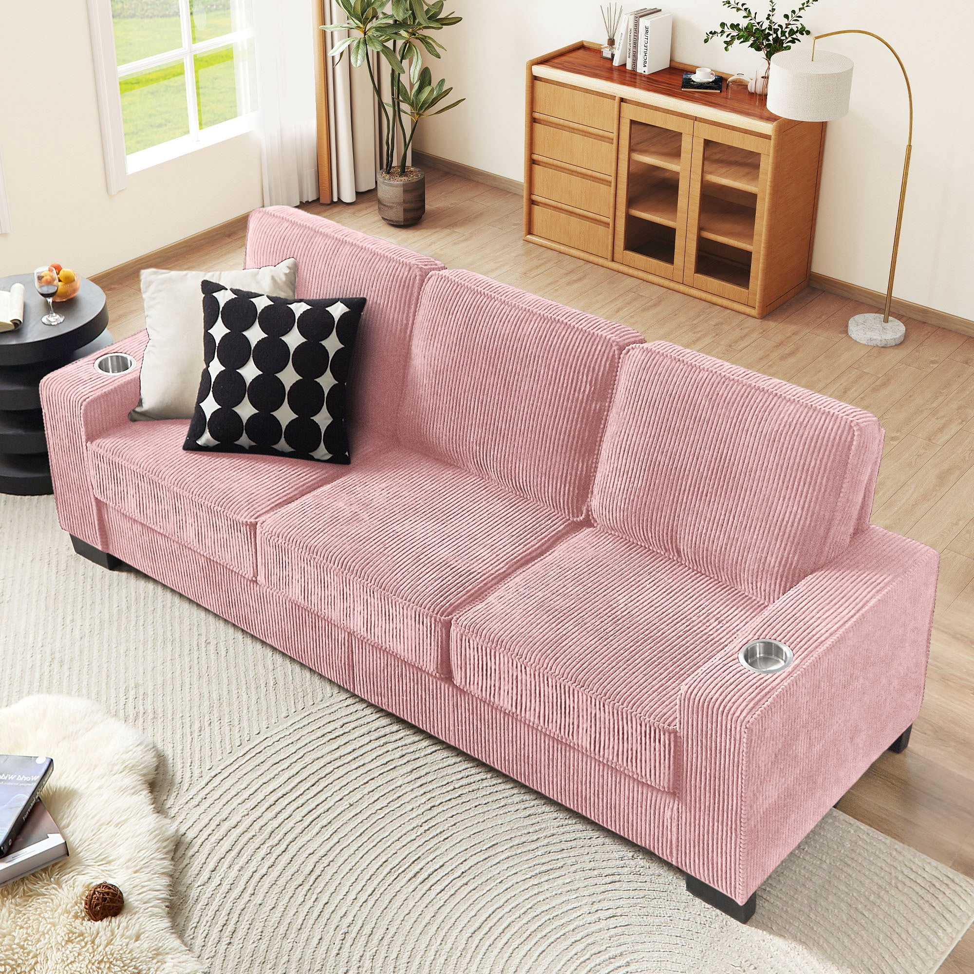 Lunale 83" Corduroy Sofa with Cup Holders, Modern 3-Seater Couch for Living Room, Apt., Pink