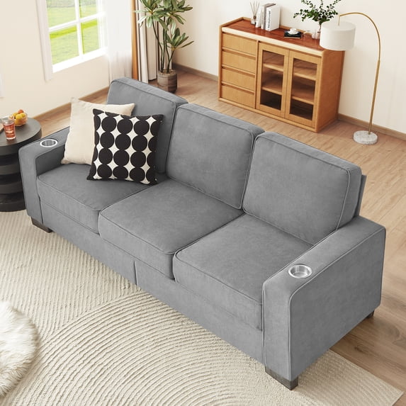 Lunale 83" Velvet Sofa with Cup Holders, Modern 3-Seater Couch for Living Room, Apt., Gray