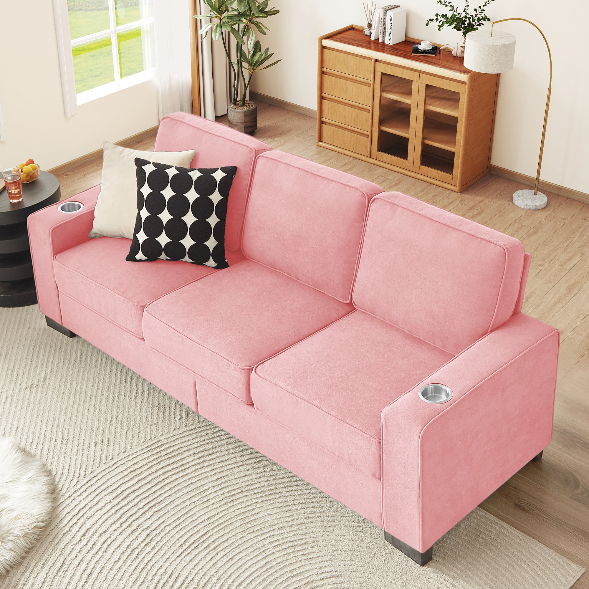 Lunale 83" Velvet Sofa with Cup Holders, Modern 3-Seater Couch for Living Room, Apt., Pink