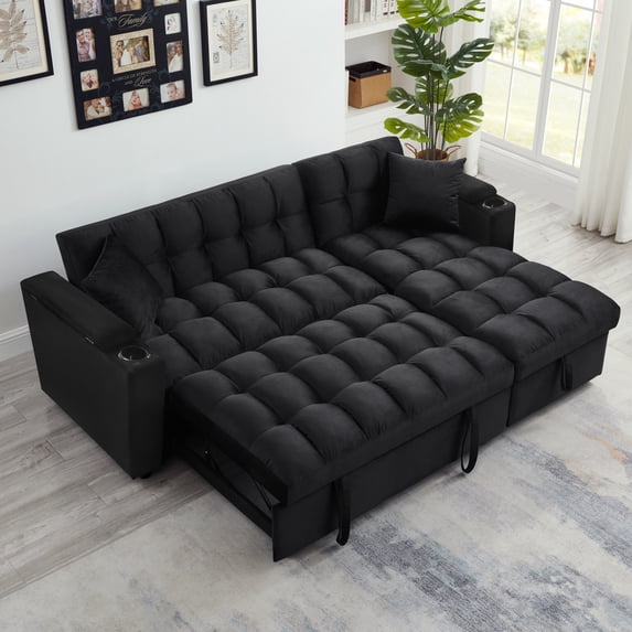 Lunale 84" Convertible Sectional Sofa with Storage Chaise, L-Shaped Sleeper Sofa for Living Room , Black Velvet