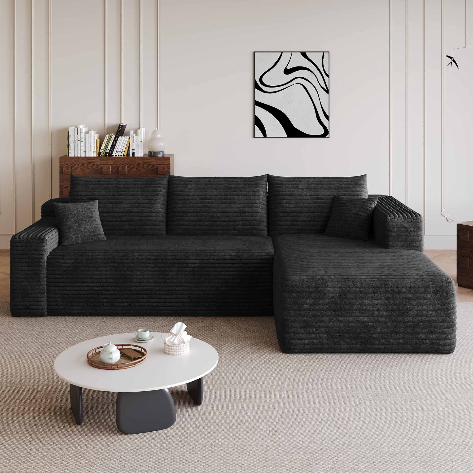 Lunale 95" L-Shaped Modular Sectional Sofa, No Assembly Required, Boneless Corduroy Cloud Couch for Living Room, Black(Right Facing Chaise)
