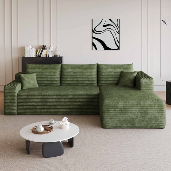 Lunale 95" L-Shaped Modular Sectional Sofa, No Assembly Required, Boneless Corduroy Cloud Couch for Living Room, Green(Right Facing Chaise)