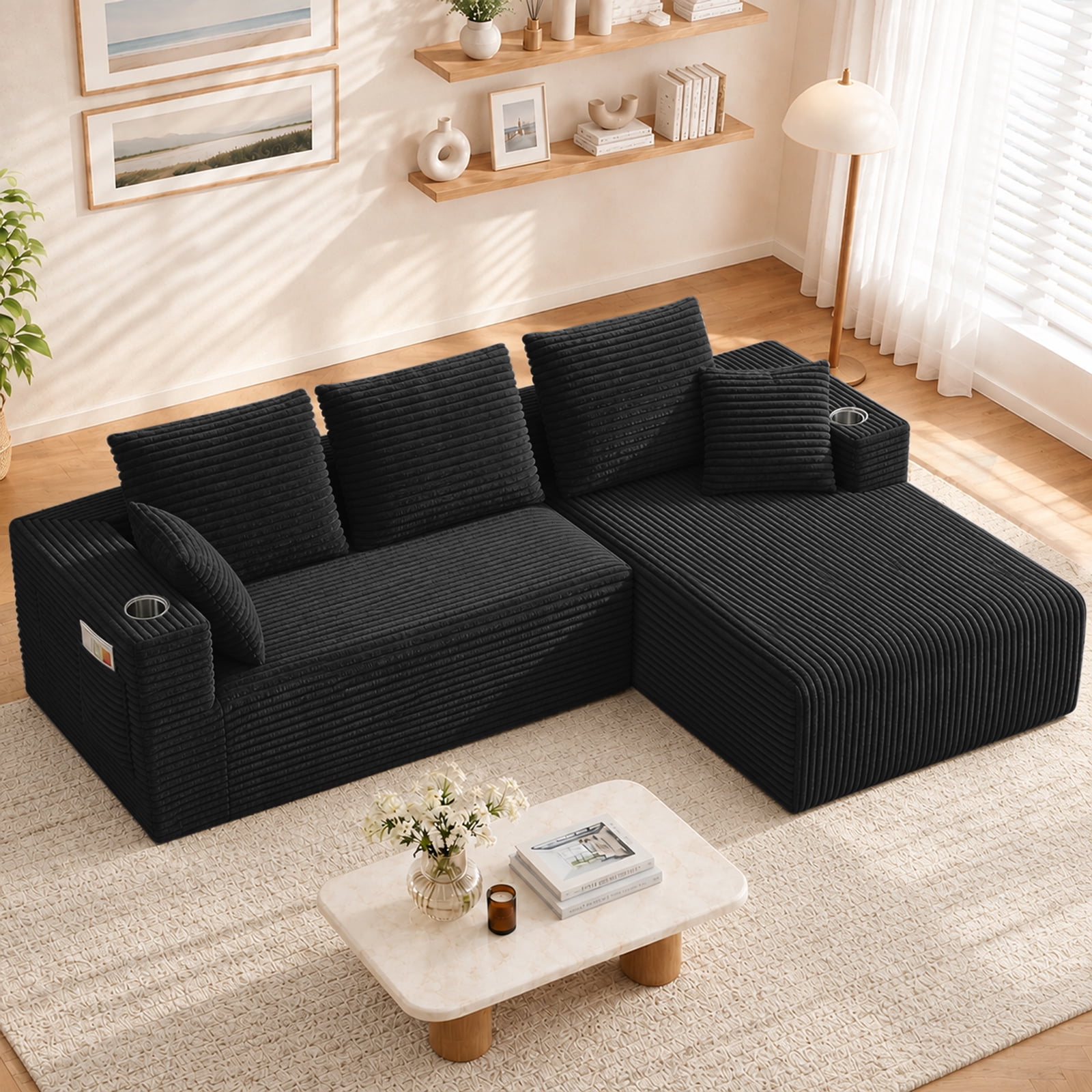 Lunale 95" Modular Sectional Sofa, L-Shaped Boneless Cloud Couch with Cup Holders, Modern Deep Seat Sofa for Living Room, Black (Right Facing Chaise)